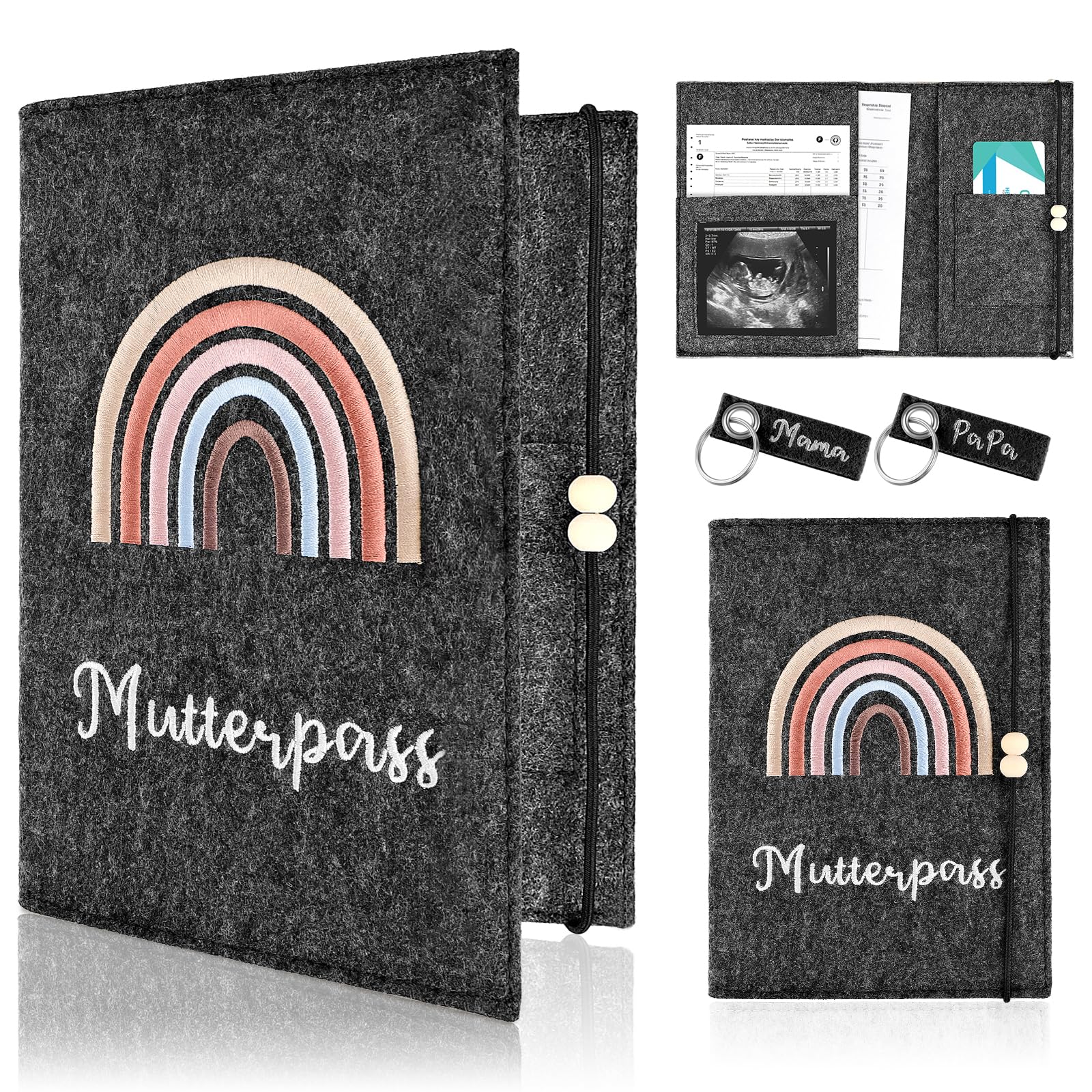 PlsMupn Mutterpass Schutzhülle, Filz Handgefertigt,Mutterpasshülle, 4 Fächer, Hülle Mutterpass Kommt mit Zwei Schlüsselanhängern, Mutterkindpasshülle für Schwangerschaftsdokumente (Schwarz)
