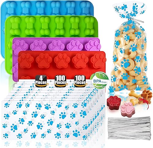 Juego de golosinas caseras para perros, moldes de silicona con bolsas de golosinas impresas y lazos plateados, moldes de silicona de hueso y patas