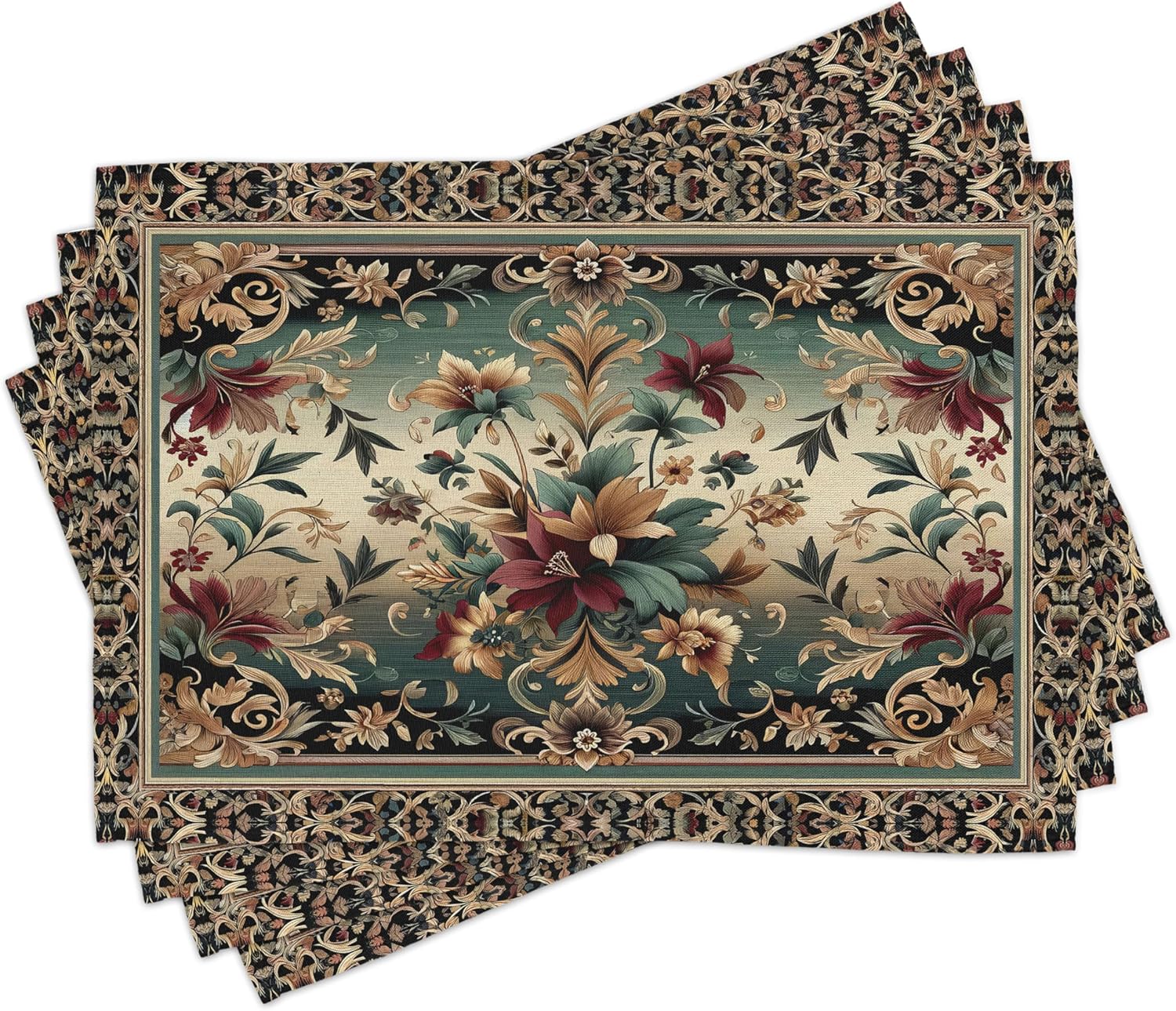 Ambesonne Oriental Floral Table Runner & Placemats, Ethnic Mediterranean Bloomy Atmosphere Victorian Feeling Leaves, Set for Dining Table Decor, Placemat 4 pcs + Runner 16"x72", Reseda Green Ruby Tan