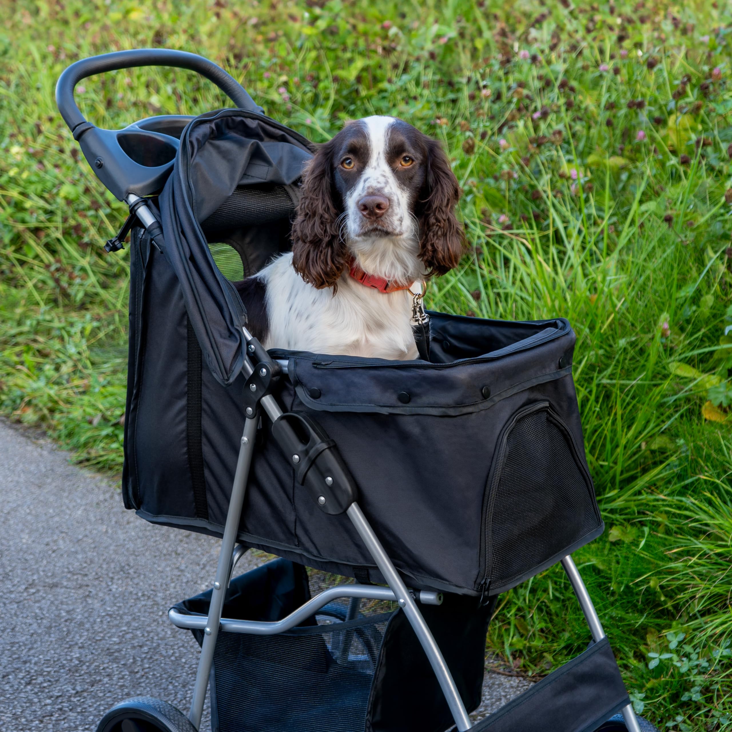 Cochecito Plegable para Mascotas NEGRO | Capacidad Carga 15kg | Correa de seguridad | Cesta Portavasos y Cubierta de lluvia GRATIS | Carrito de Viaje para Perros Gatos Pet Travel Stroller