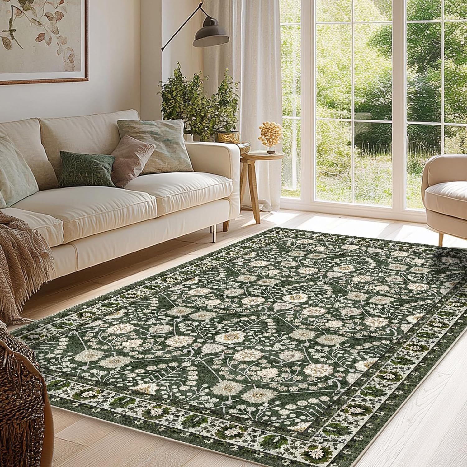 Area Rug 4x6 Washable Rug Green Vintage Traditional Floor Cover Foldable Thin Retro Accent Indoor Non Slip Carpet Floral Print Mat Bedroom Living Room Machine Rugs Boho Rug ‎4'x 6'