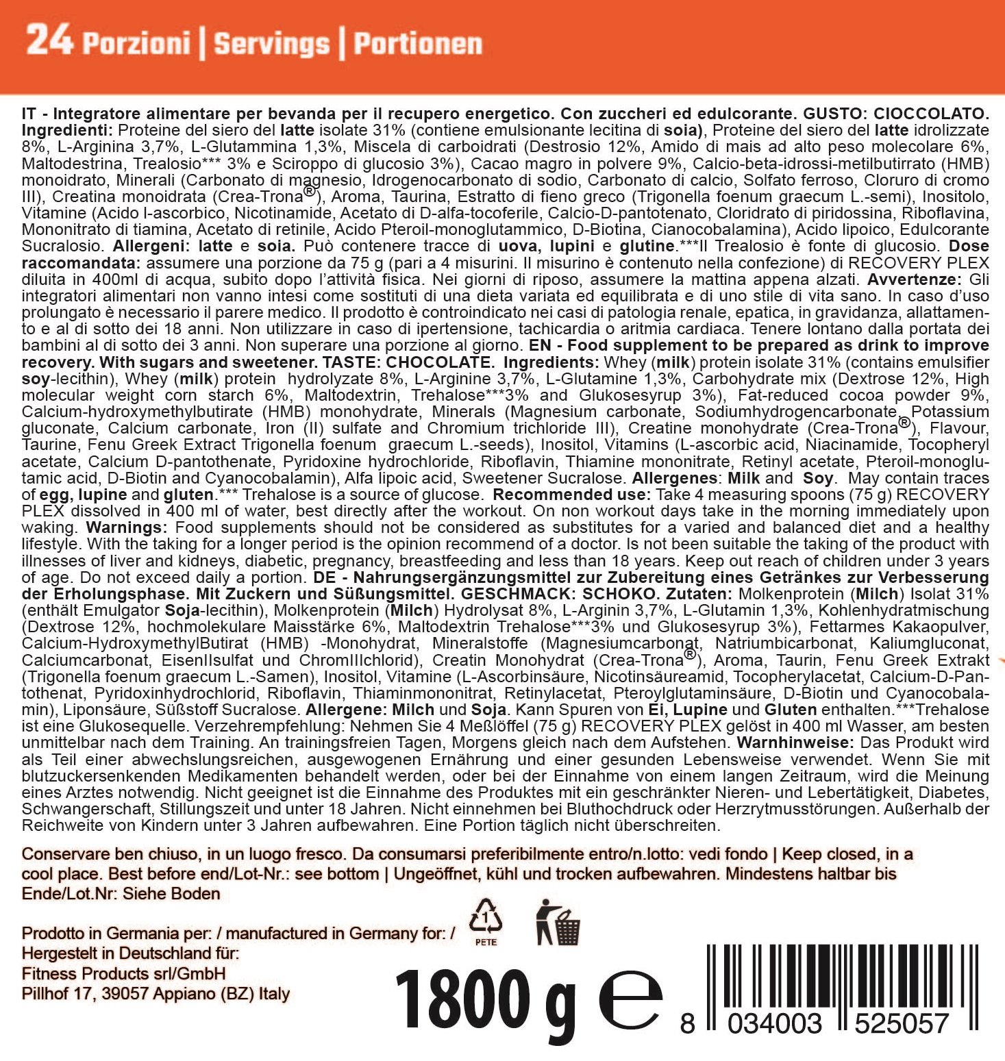 RECOVERY PLEX Cioccolato - 1800g | Preparato alimentare per bevanda, Destinato agli sportivi, Recupero energetico, Rigenerazione dopo allenamento