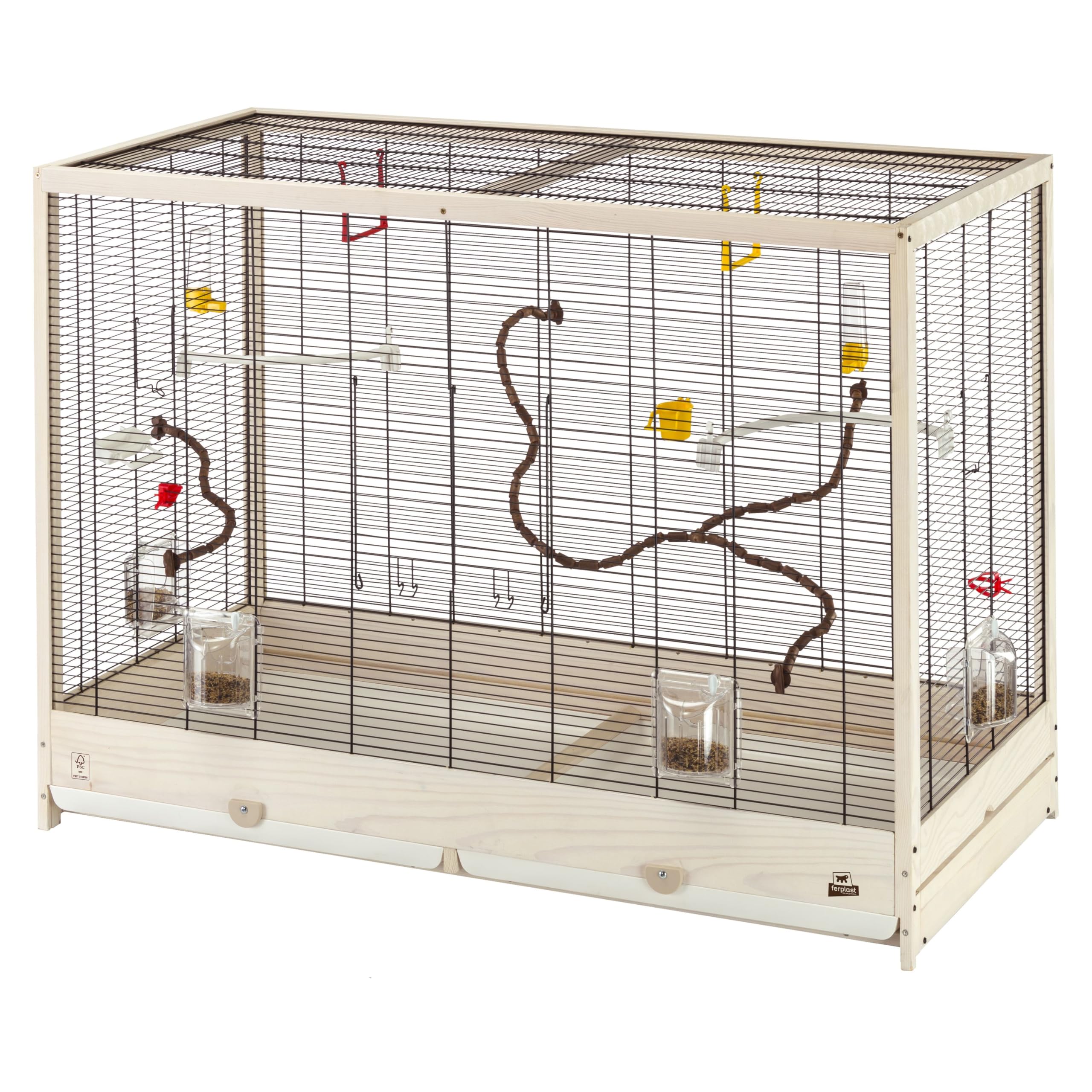 Ferplast Jaula para Pájaros de Metal y Madera FSC Giulietta 8, Canarios, Periquitos y Agapornis, Accesorios incluidos, Perchas Desmontables y modificables, 113,5 x 53 x h 82 cm.