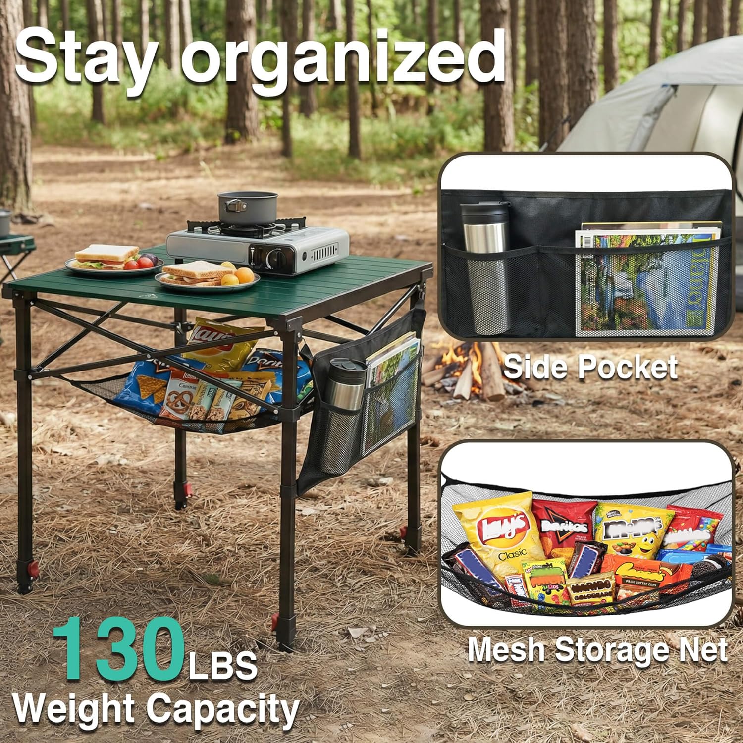Camping Table Portable Foldable with Adjustable Height, Lightweight Collapsible Aluminum Roll-Up Camp Table with Storage Bag & Carry Bag, Heat-Resistant for RV Picnic BBQ Camping (Large 28"×25")