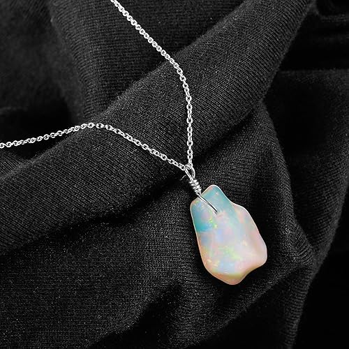 Miniatura 4 de Natural Raw Ethiopian Opal Stone Rough Crystal Gemstone Dainty Women Pendant Necklace, Chakra Healing Crystals, Birthstone, Gift, Rhodium Plated 925