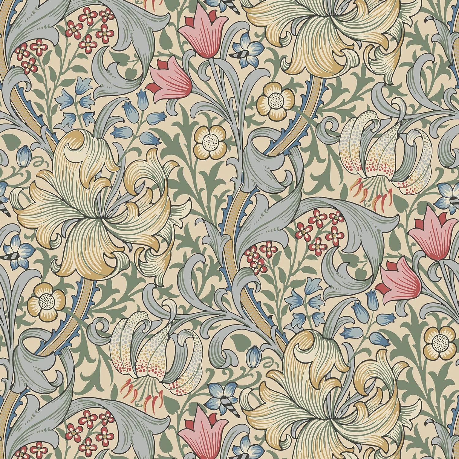 NuWallpaper x Morris & Co. Golden Lily Indigo and Rose Peel and Stick Wallpaper, MCS6602