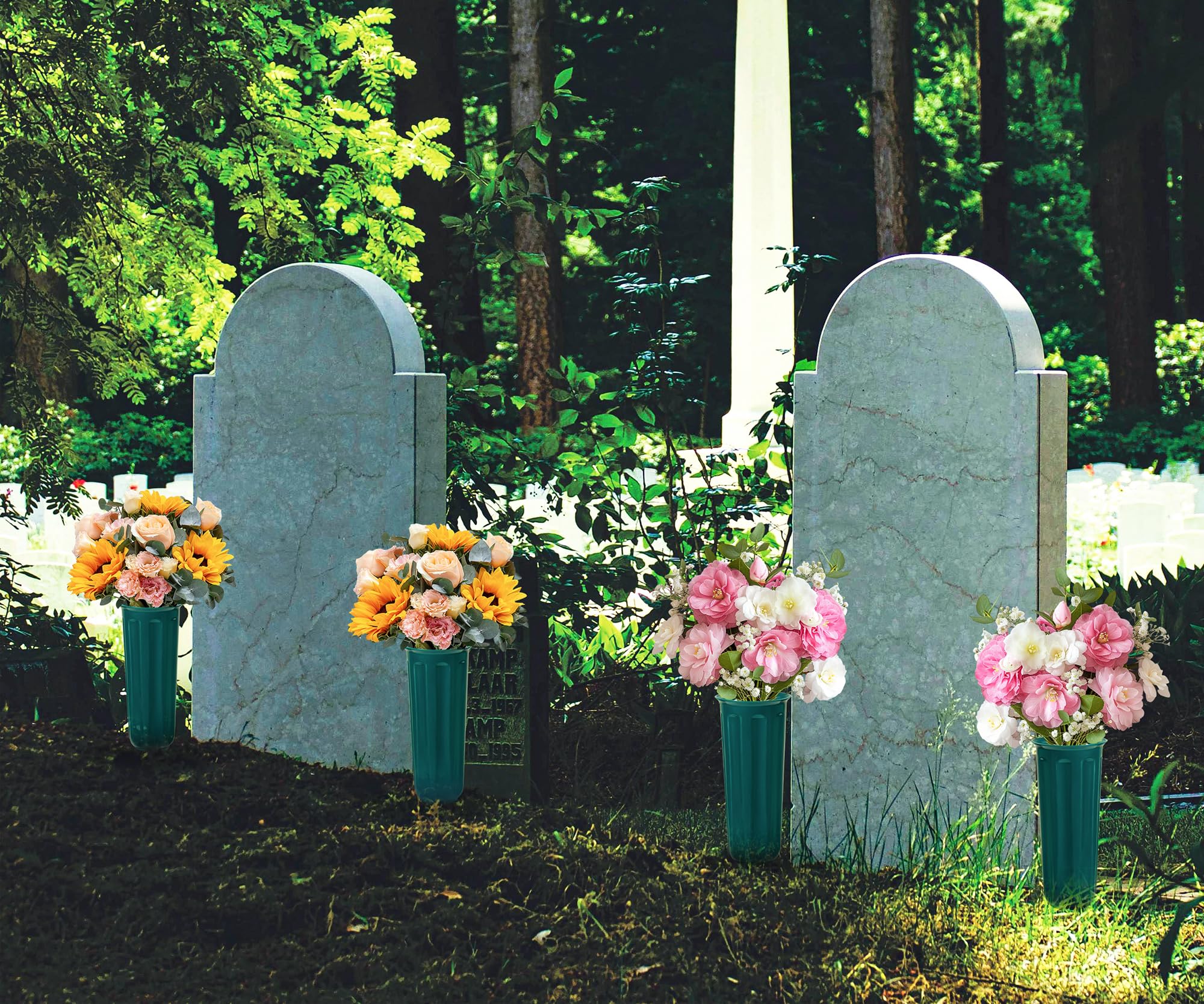 Vaso per cimitero, vasi per fiori commemorativi in plastica con paletto Portafiori per lapide per decorazioni cimiteriali (10, Nero
