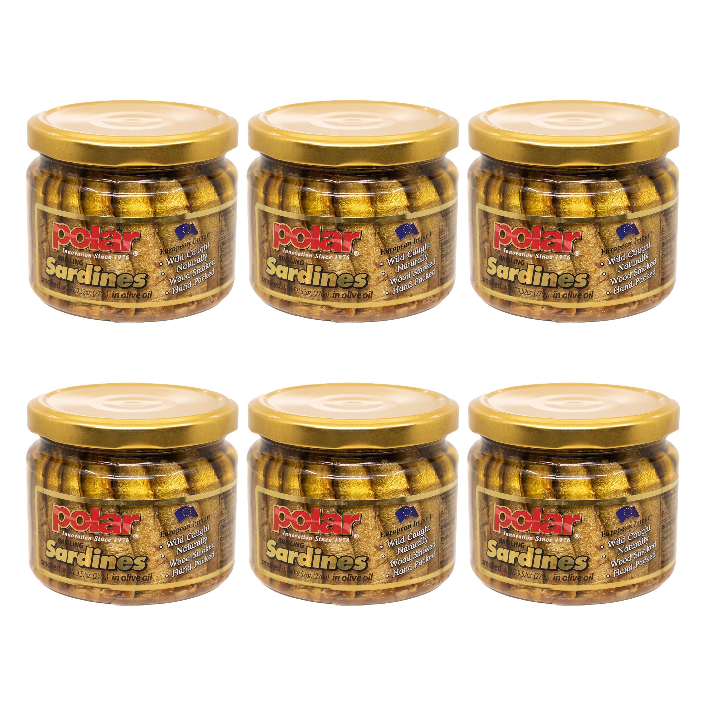 MW Polar Naturally Alder Wood Smoked Brisling Sardines in Olive Oil, 9.5oz Jar (Pack of 6) | Kosher Friendly, Wild-Caught, Hand-Packed, High in Omega-3, Keto, Paleo, Gluten-Free, Non-GMO