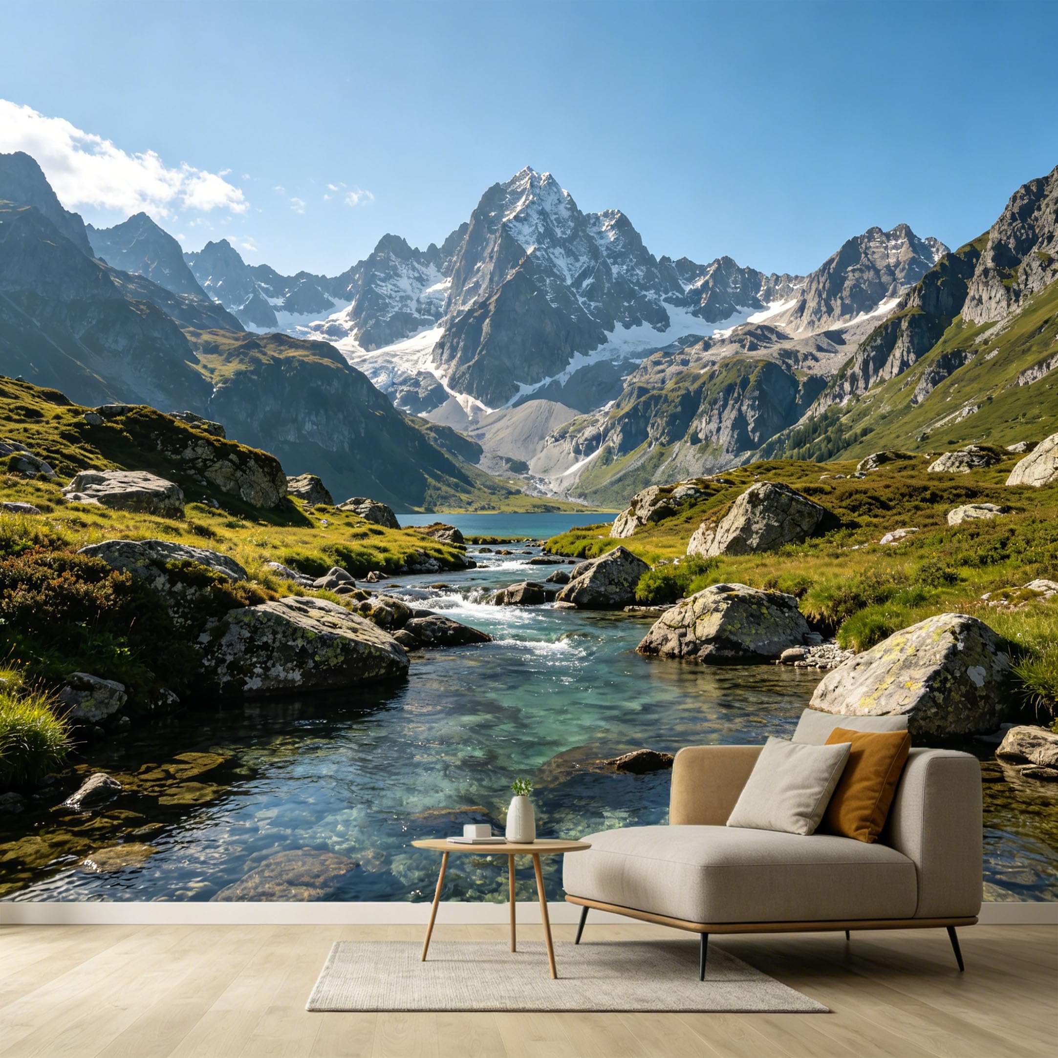 Custom Size Wall Murals Mountain Lake Landscape Snow Peaks Rocky Stream Modern SelfAdhesive Wall Fabric Removable Large Wallpaper for Photo Living Room Interior Decor