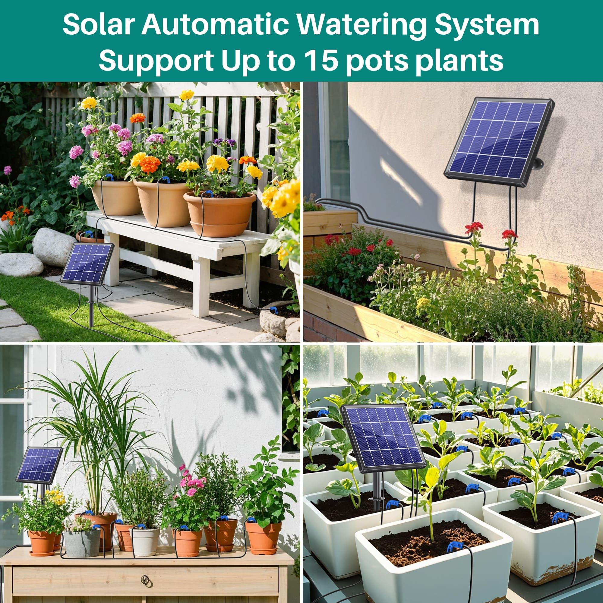 Biling Solar Bewässerungssystem, 15m Automatische Tropfbewässerung mit Timer, 2.5W Solarpanel, für 12-20 Töpfe, Garten, Balkon, Gewächshaus, Urlaubsbewässerung