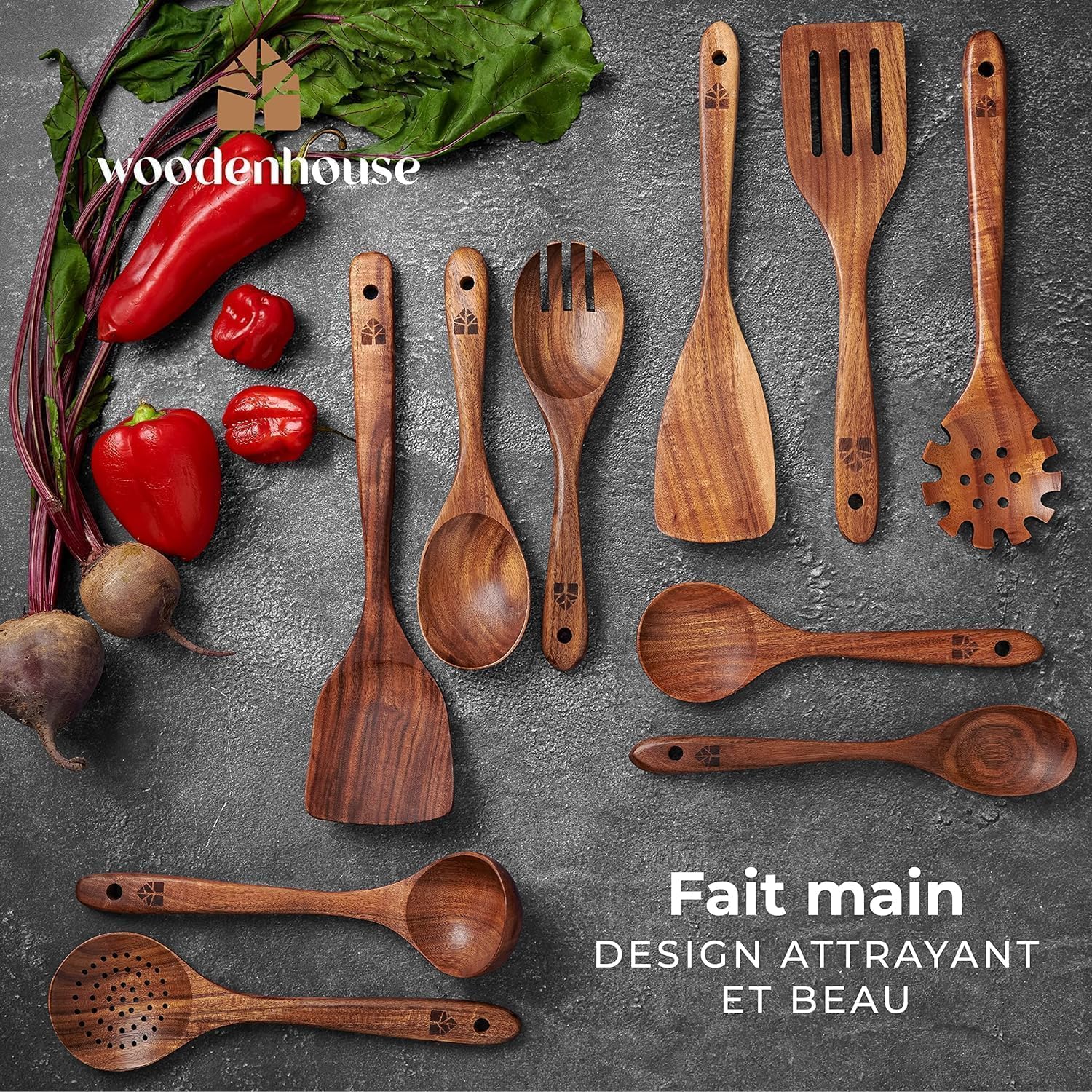 Ustensiles de cuisine bois - Ensemble premium en teck de 10 pièces avec cuillère en bois et spatule cuisine - facile à nettoyer - Léger, résistant à la chaleur, durable et anti-rayures