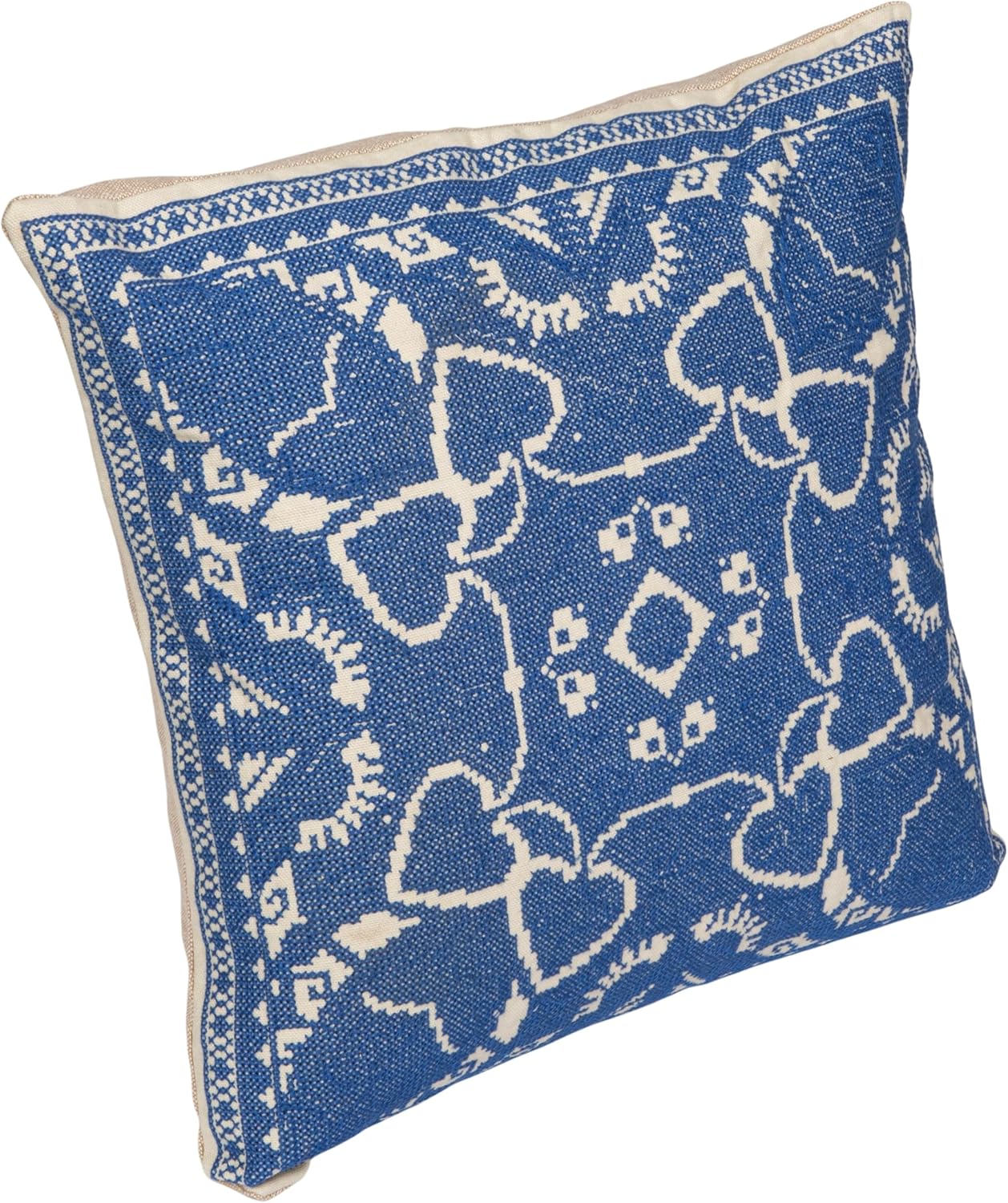 Creative Co-Op, Blue Cotton Pillow with Embroidered Design and Chambray Back, Natural