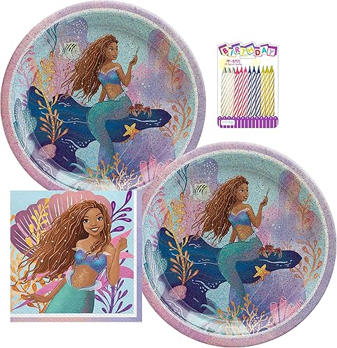 Miniatura 1 de Disney The Little Mermaid Party Supplies Pack sirve películas de 16-2023  Platos de 9 pulgadas y servilletas de almuerzo  Incluye velas de