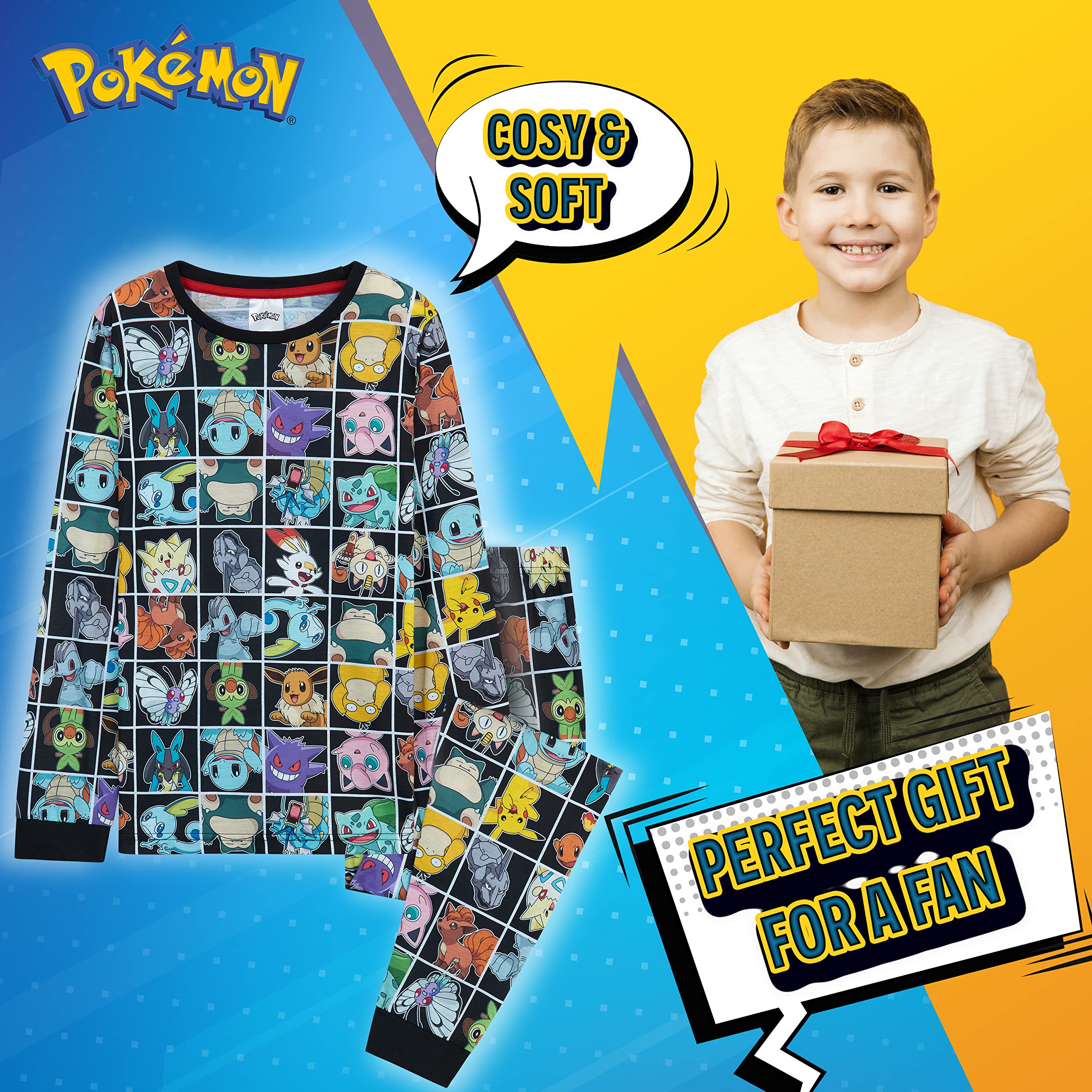 Pokémon Piżama dla chłopców, 2-częściowy zestaw piżam dziecięcych z Snorlax, Pikachu, Squirtle, Bulbasaur i Charmender, koszulka z długim rękawem, 100% bawełniana bielizna nocna dla dzieci, prezent dla chłopców, Czarny