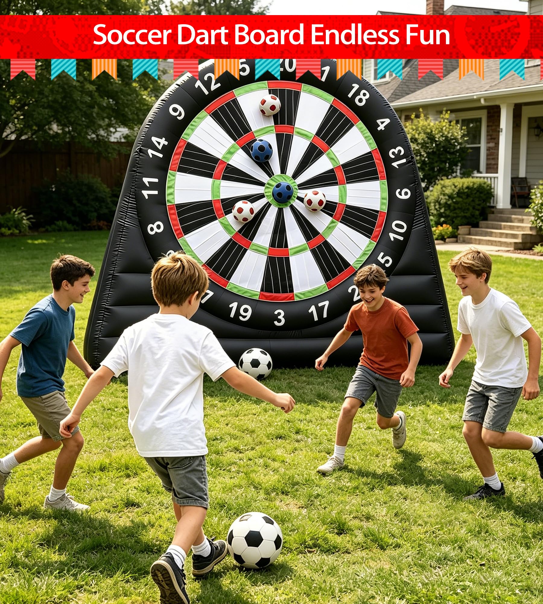 Tavola da freccette da calcio gonfiabile con ventilatore da 370 W e 8 palline gonfiabili per sport all'aria aperta, gioco di freccette con grande bersaglio e gioco di freccette da giardino
