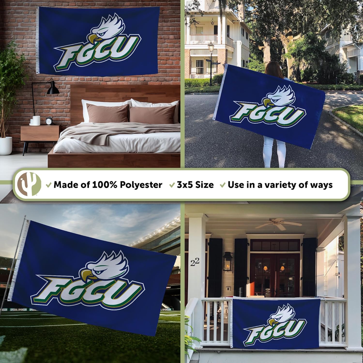 Desert Cactus Florida Gulf Coast University FGCU Flag - 3 x 5 Feet Eagles Banner, Indoor/Outdoor Durable Fabric, 100% Polyester Design (Style A)