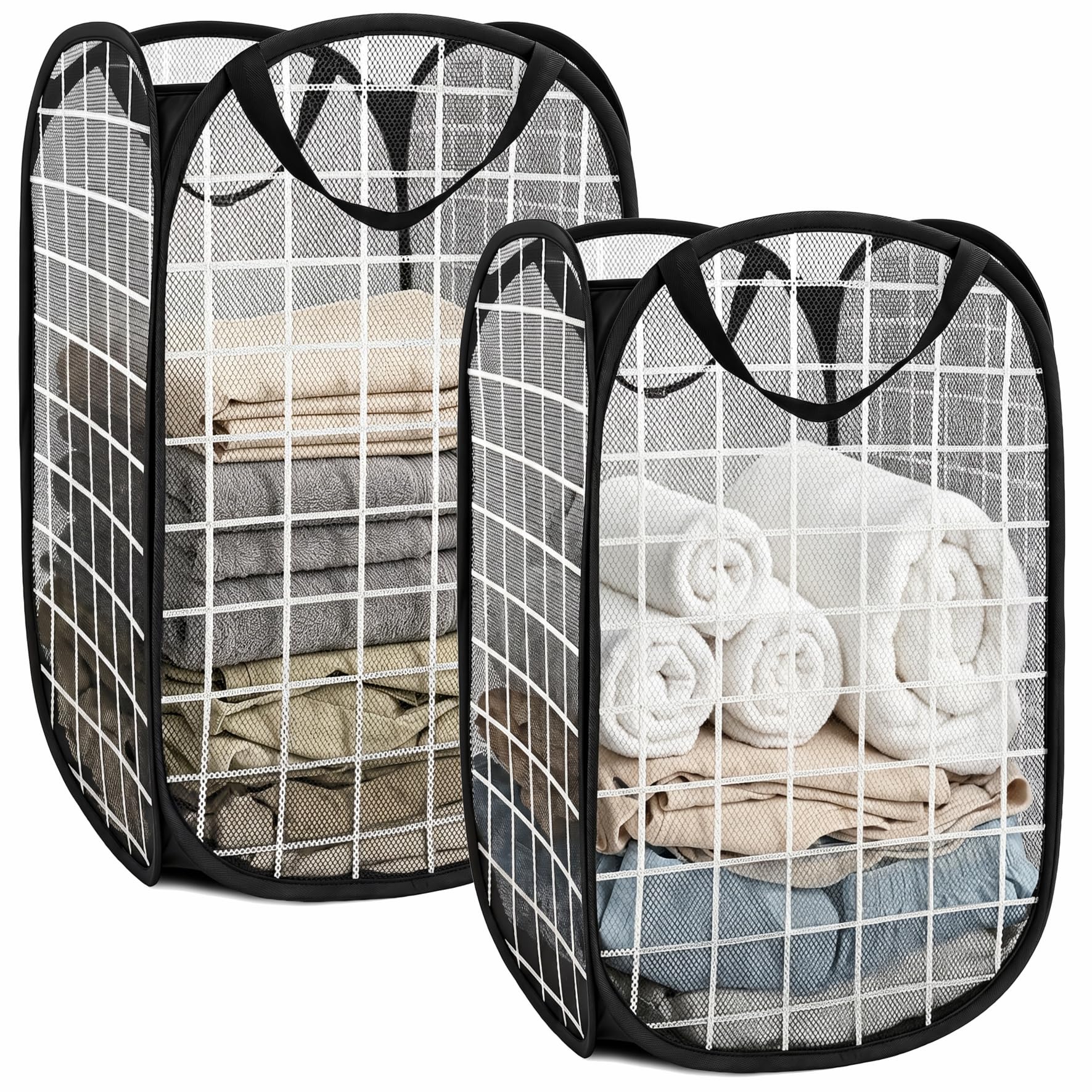 BOSNONA Pop Up Laundry Baskets 2 Pack 75L Pop Up Laundry Hamper Foldable Laundry Basket for Bedroom Dorm Travel (Black Check(2 Vertical))