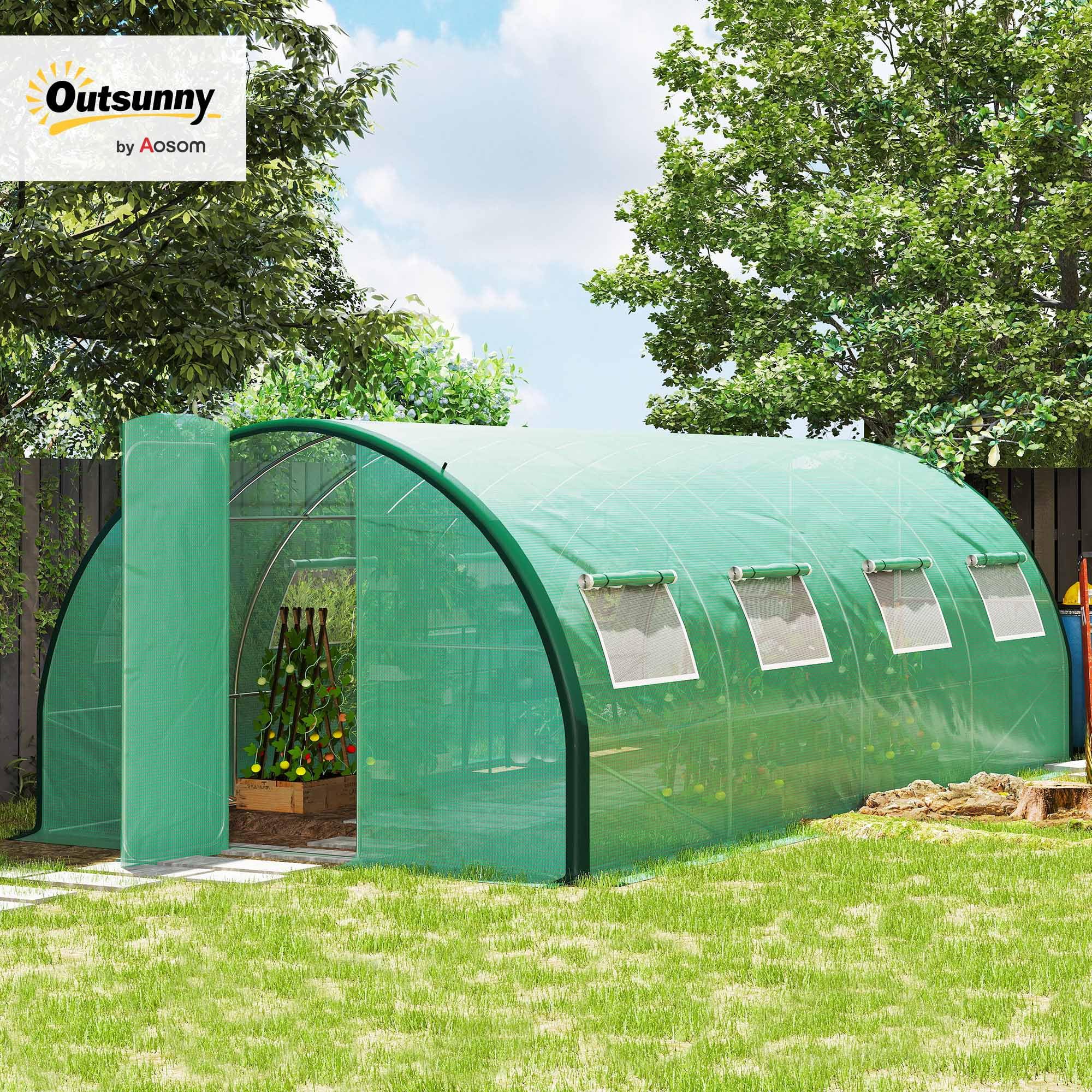 Outsunny Serre Tunnel de Jardin 18m² 600x300x200cm avec Portes et Fenêtres Moustiquaires PE Haute Densité 140g/m² Vert