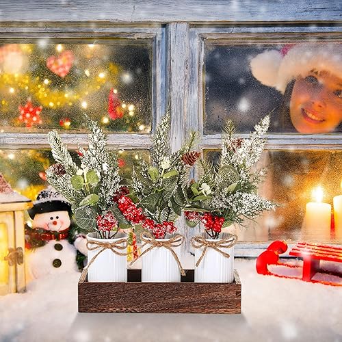 Miniatura 7 de Centros de mesa de Navidad, bayas rojas, piñas artificiales de Navidad, ramas de nieve, púas con caja de madera para decoración rústica de invierno,