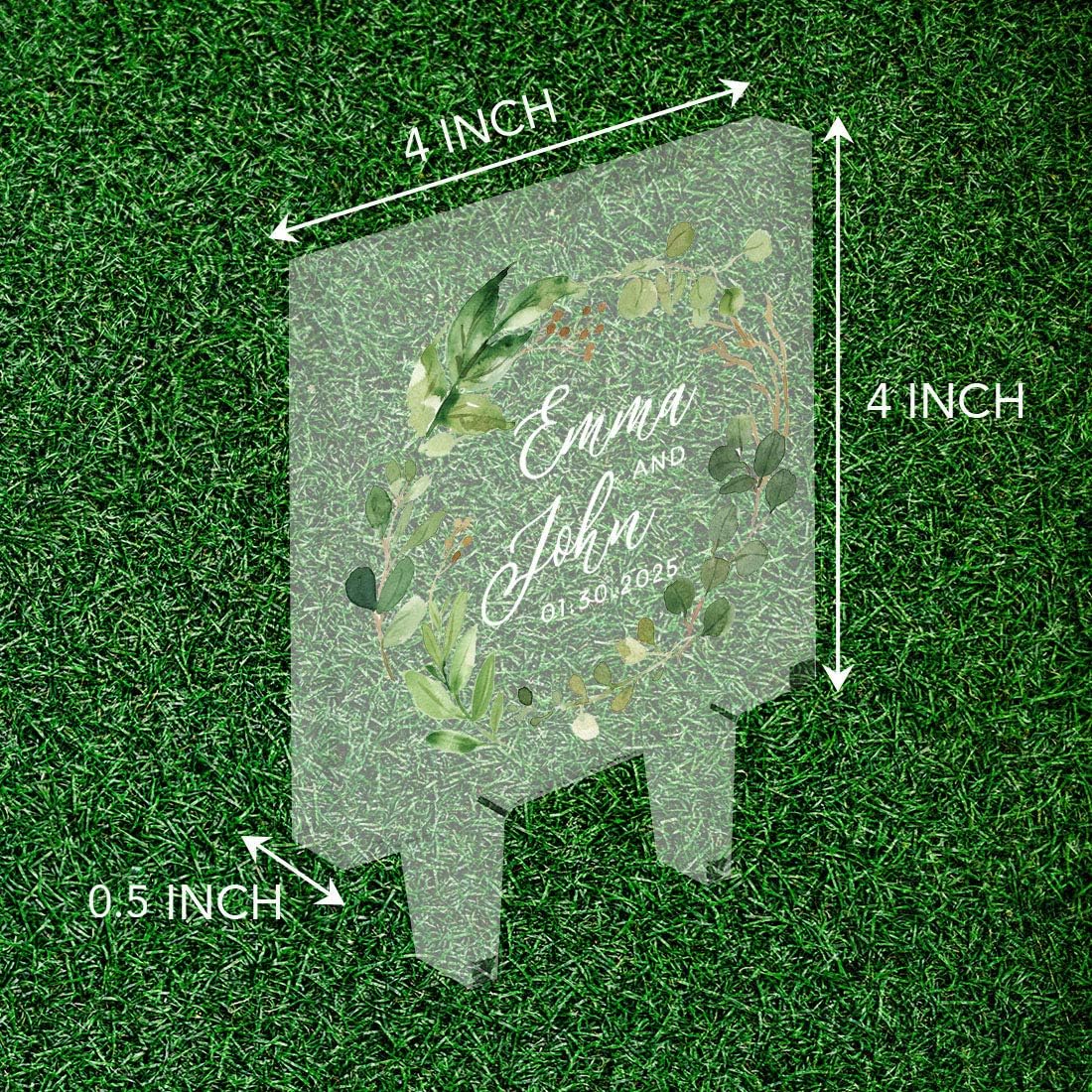 Andaz Press Eucalyptus Wreath Custom Wedding Cake Topper, Acrylic Square Personalized Couple Cake Topper