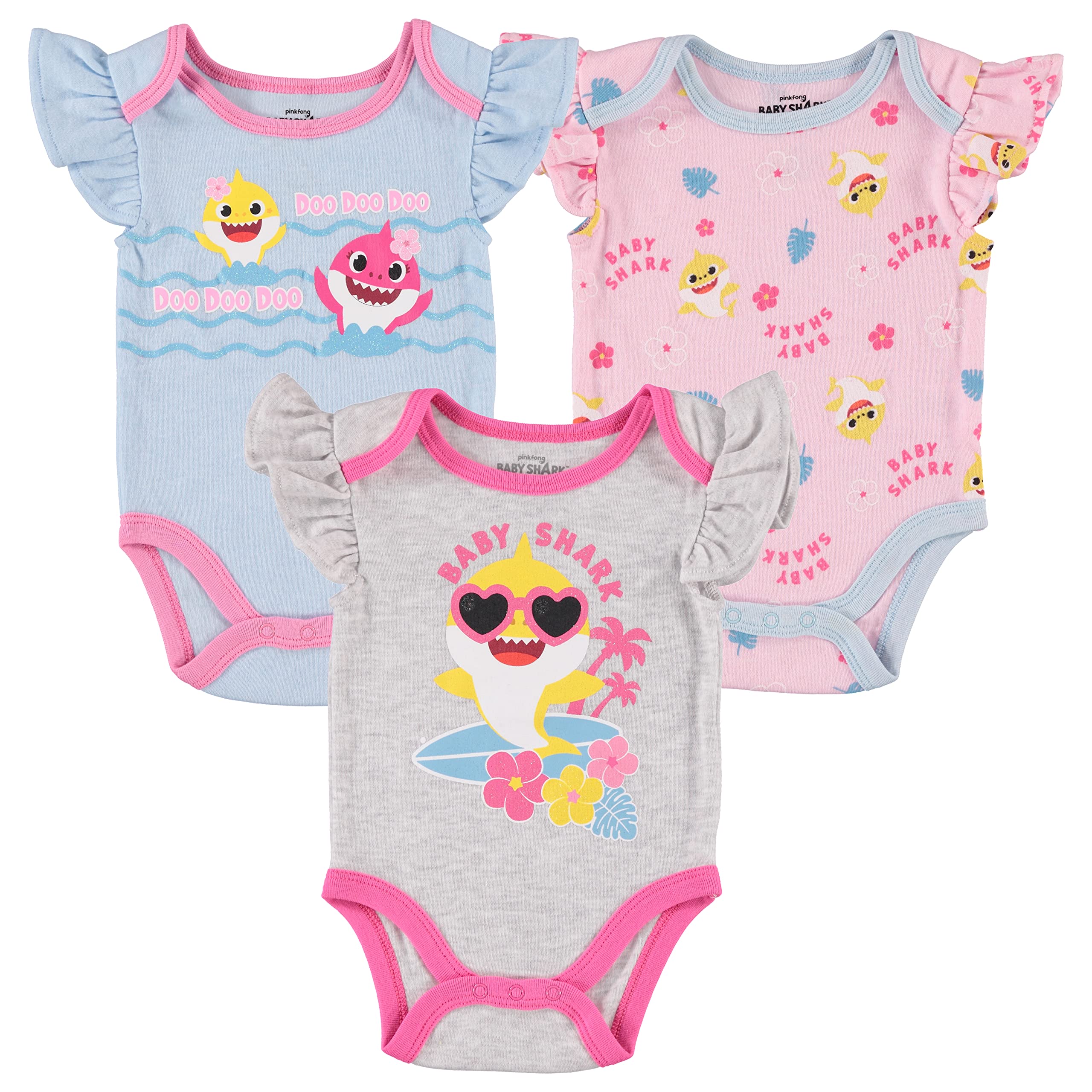 Baby Shark Infant Baby Girls' Bodysuit Baby Girl 3 Pack Gift Set (Blue/Grey/Pink, 6-9 Months)