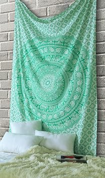 RAJRANG Mandala Tapestry Wall Hanging Boho Room Decoration Hippie Indian Art Bohemian Decor Trippy Cotton Elephant Meditation Yoga Tapestries Green - 84 x 54 Inches