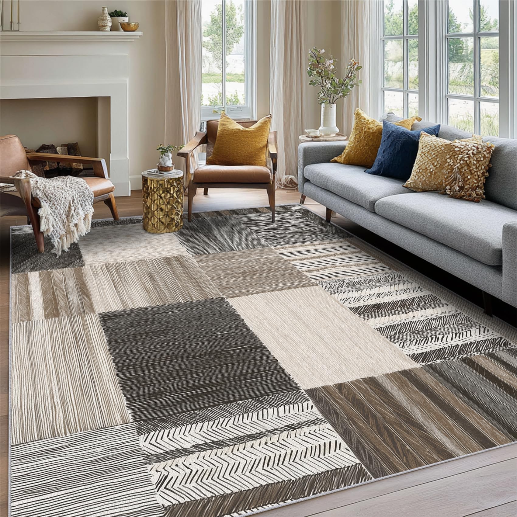 Tappeto moderno geometrico patchwork 90x120 cm antiscivolo lavabile per interni per soggiorno, camera da letto e ufficio, grigio beige