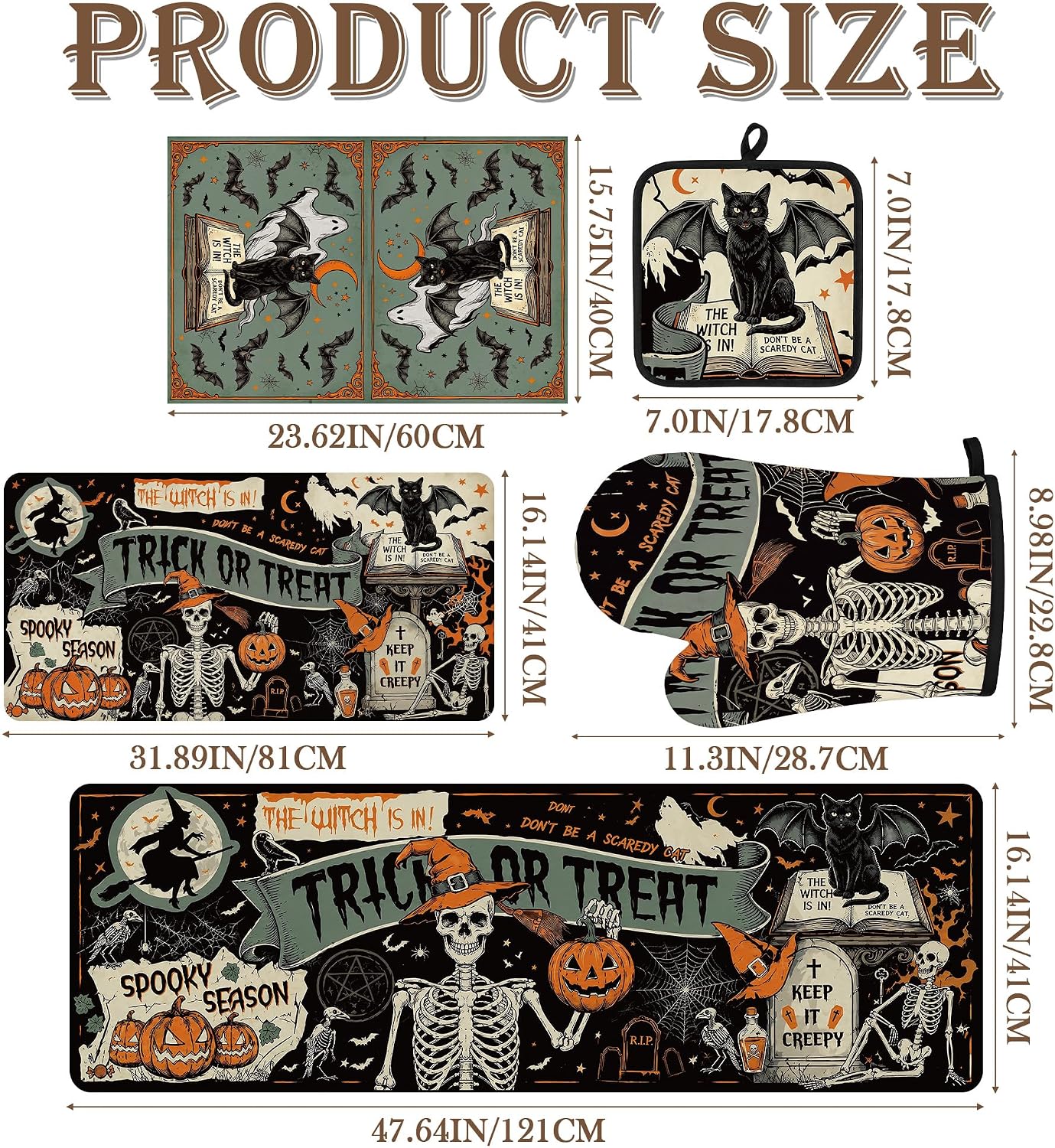 10 Pcs Halloween Kitchen Linen Set, Skeleton & Black Cat