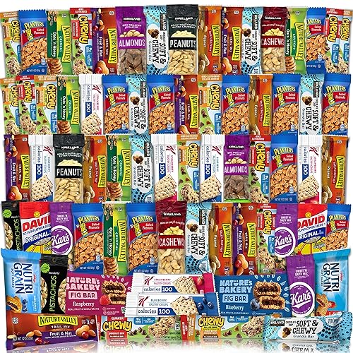 Paquete variado de aperitivos para adultos, (72 unidades) barras y frutos secos, barras de granola empaquetadas surtidas, barras de desayuno, nueces