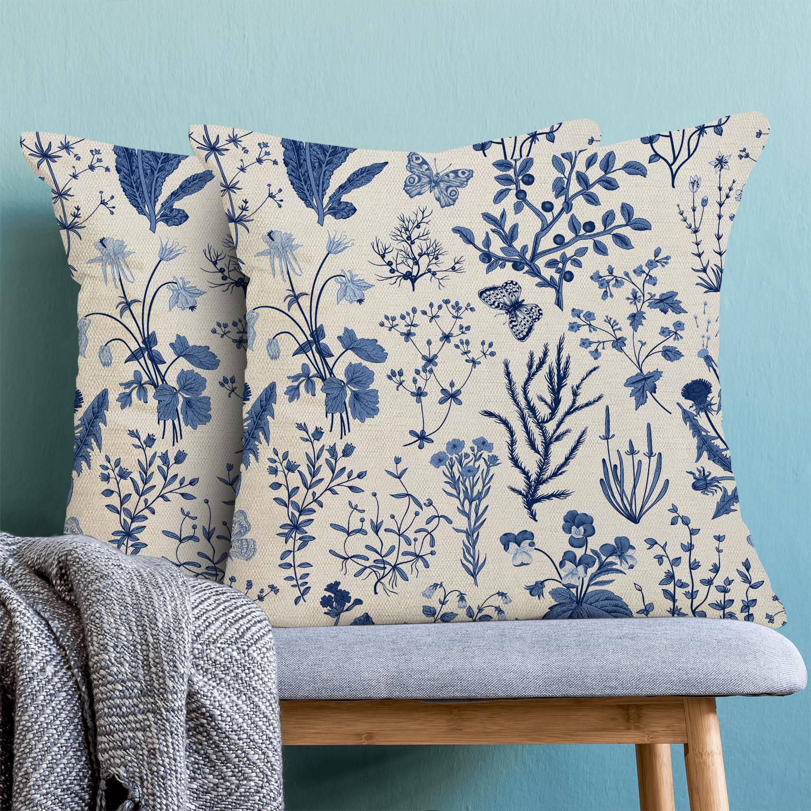 2 Federe Per Cuscini 60x60 Cm Misto Cotone E Lino, Stampa Floreale Primaverile Rosa/blu/bianco, Con Cerniera Nascosta – Decorazione Casa