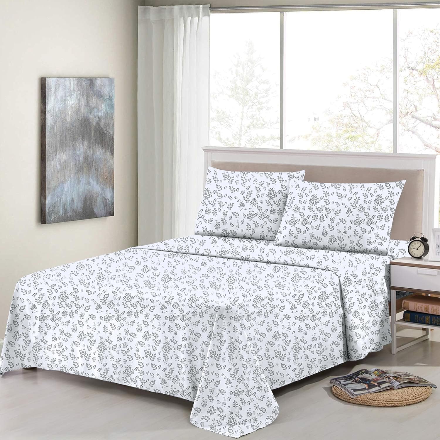 LUX Décor Floral King Sheet Set - 4 Piece Ultra-Soft Microfiber Bed Sheets with Flat Sheet, 16 Inches Deep Pocket Fitted Sheet & Pillowcases, Breathable, Bedroom Decor, Oeko-TEX - White Grey