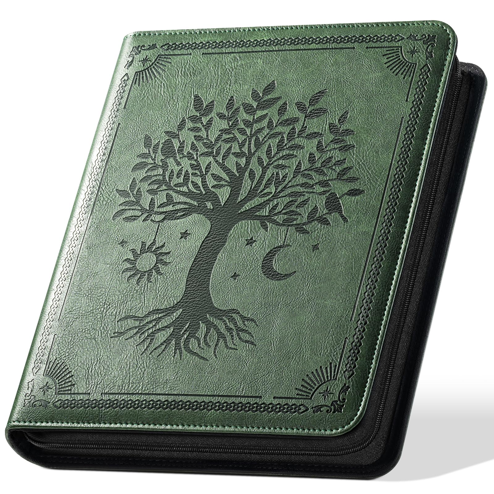 Ovesmusl 1 Inch 3 Ring Binder with Zipper Leather Round Ring Binder Holds 200 Sheets 8.5"x11" Letter Size Paper, Wedding Family History Notebook Cover Loose Leaf Organizer, Tree of Life Green