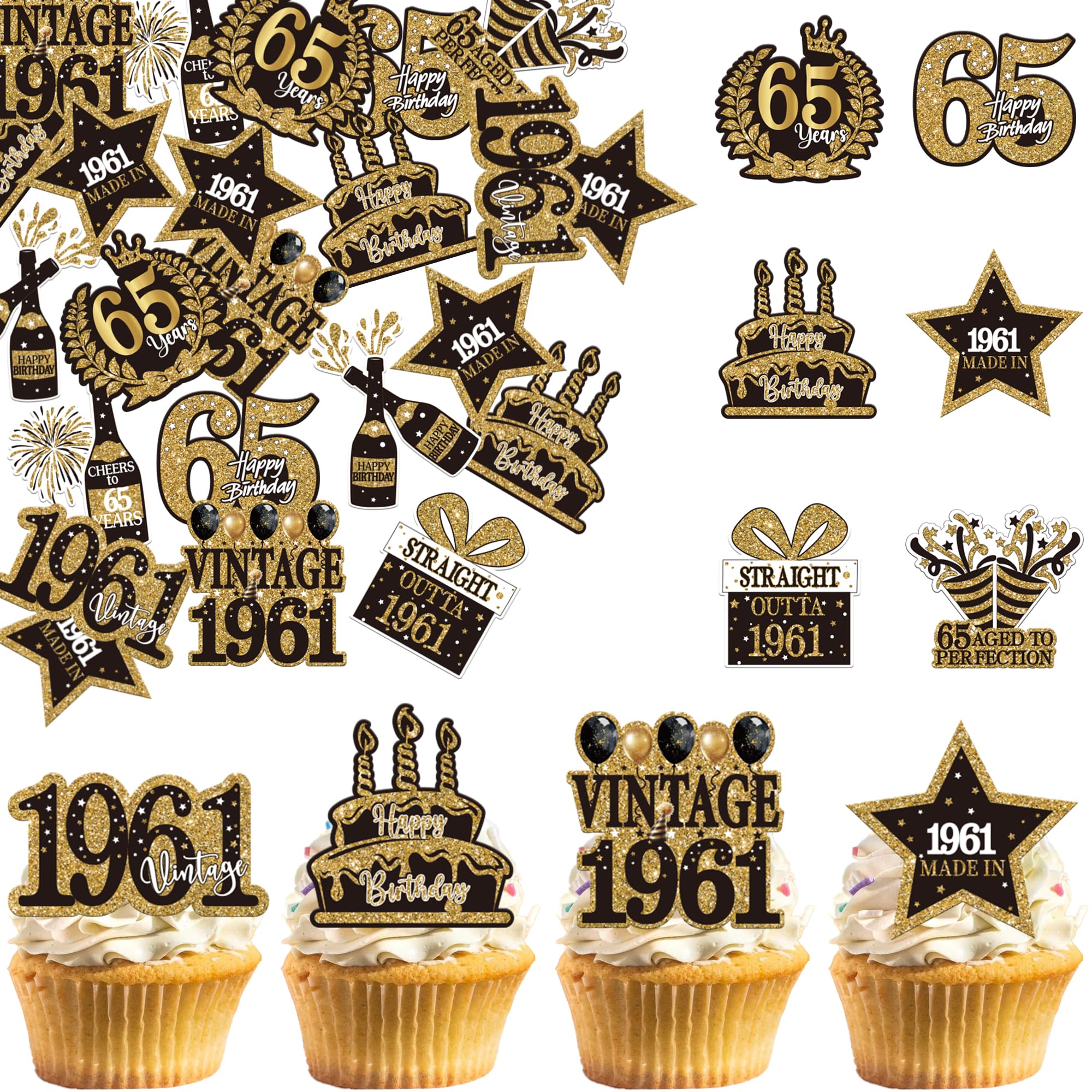 60 Stück Essbare Vintage 1961 Cupcake Toppers Waffelpapier 65th Geburtstag Tortendeko Prost auf 65 Jahre Kuchen Deko für 65th Geburtstag Jahrestag Party Kuchen Dekorationen