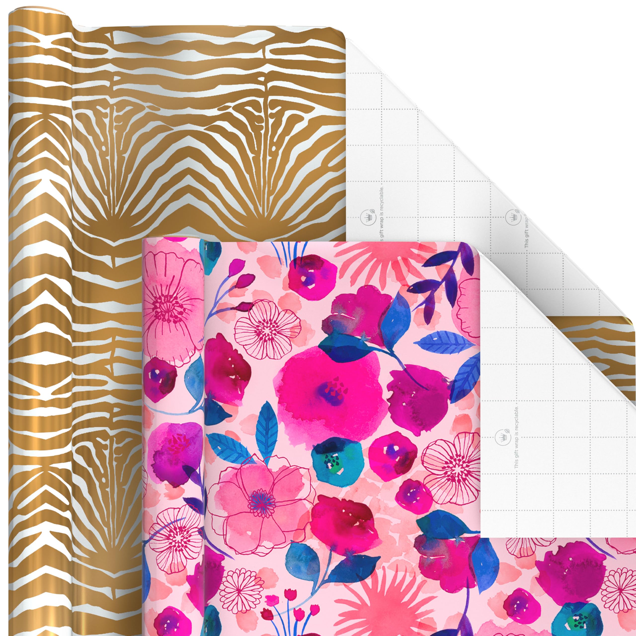 Hallmark Geschenkpapier mit Schnittlinien auf der Rückseite (6 Rollen: 180 m² insgesamt) Schmetterlinge, goldener Tierdruck, rosa Blumen für Geburtstage, Muttertag und mehr