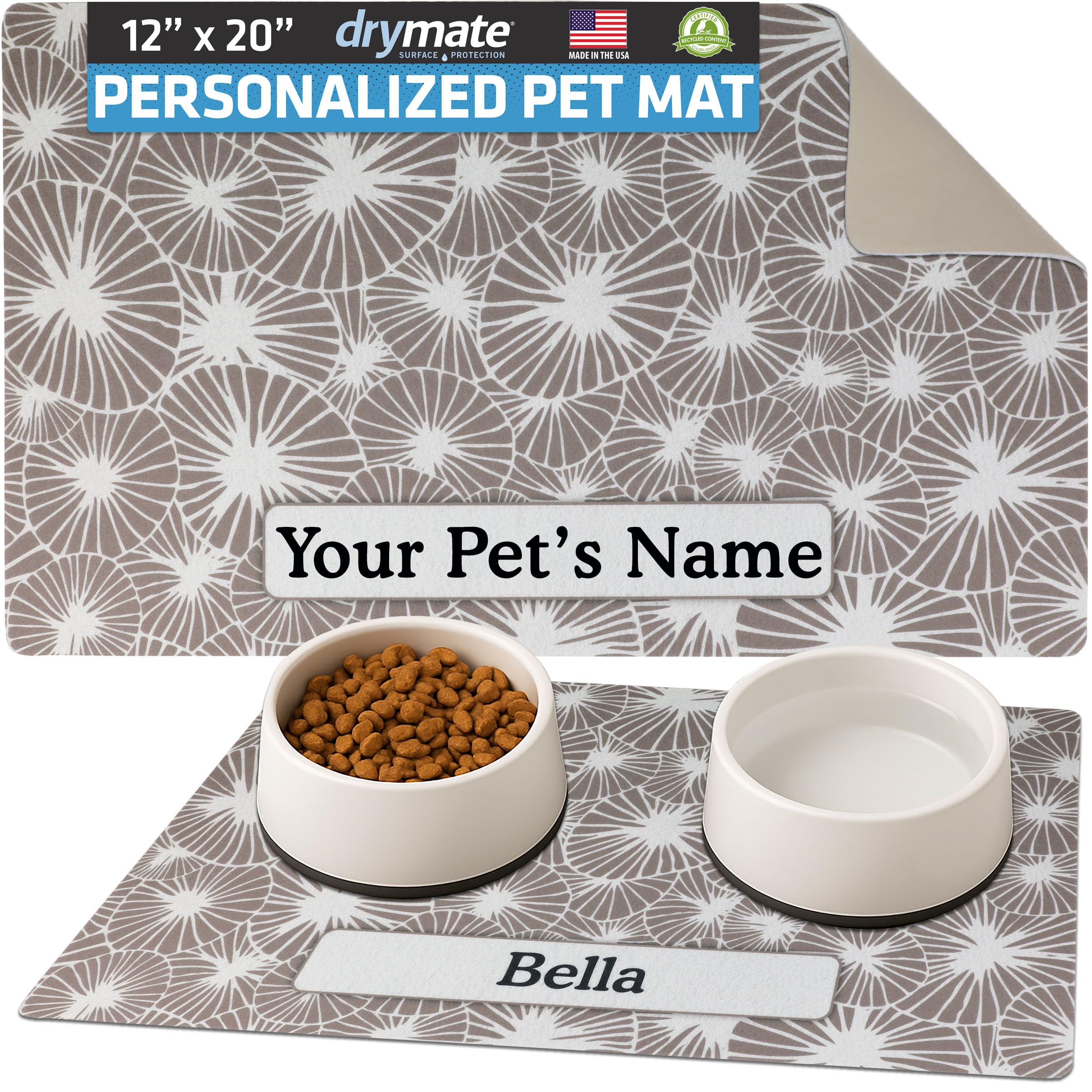 Drymate Personalized Pet Bowl Placemat, Custom Dog & Cat Food Feeding Mat - Absorbent Fabric, Waterproof Backing - Machine Washable/Durable (USA Made)