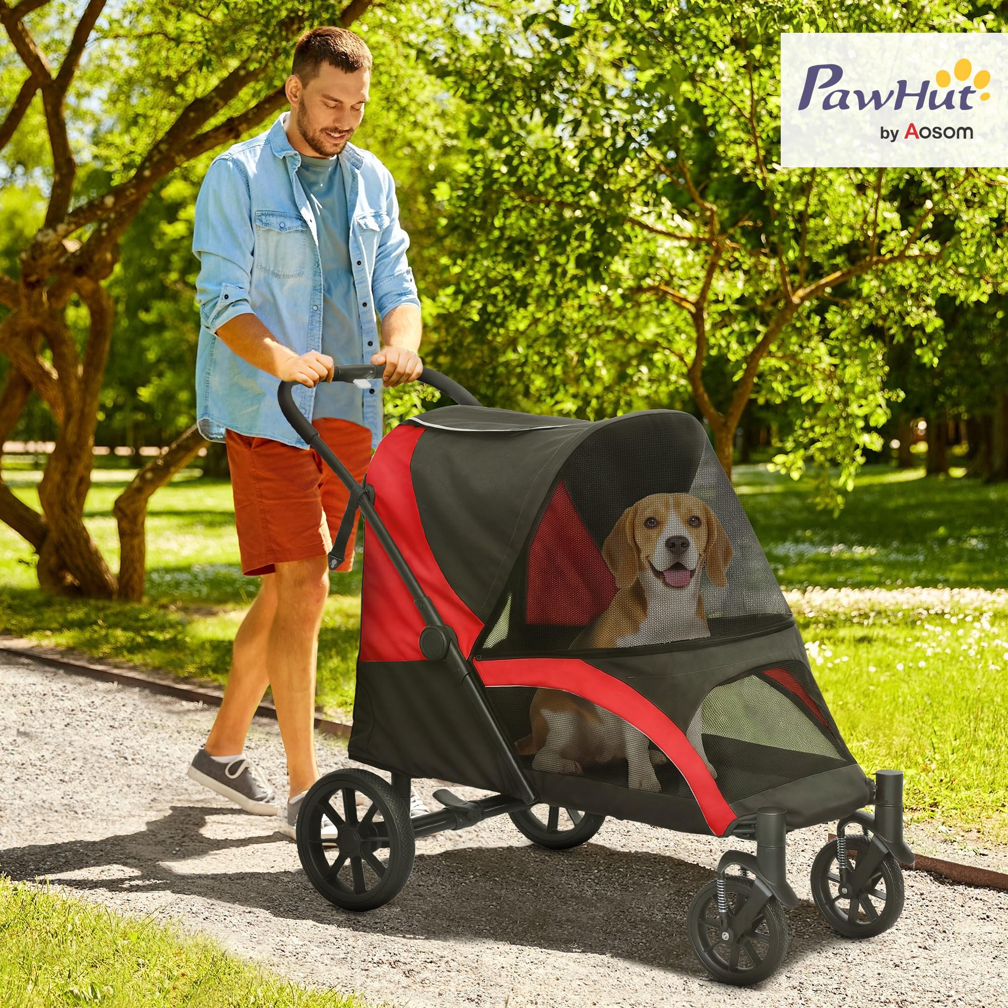 PawHut Carrito para perros plegable para perros y gatos grandes de hasta 30 kg, con cojín, ventanas de red, puertas, bolsa de almacenamiento, carrito para gatos con correas de seguridad, frenos, color