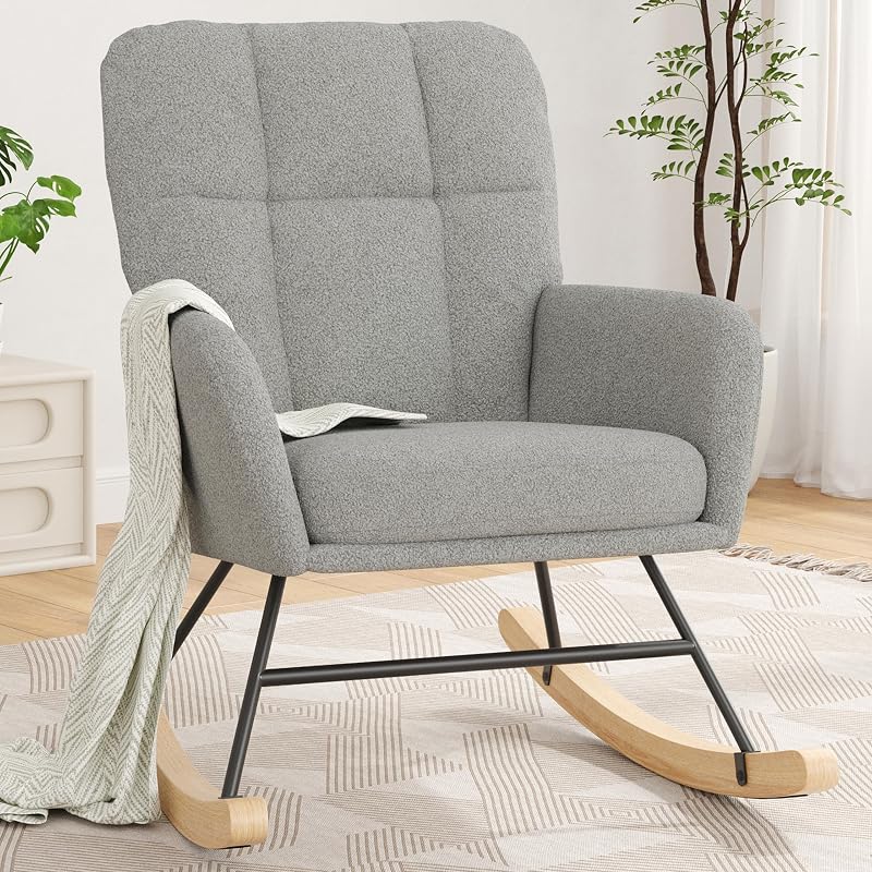 Nursery Rocking Chair, Upholstered Glider Rocker, Light Grey | High Backrest Glider Rocker Accent Chair with Removable Cushion Comfy