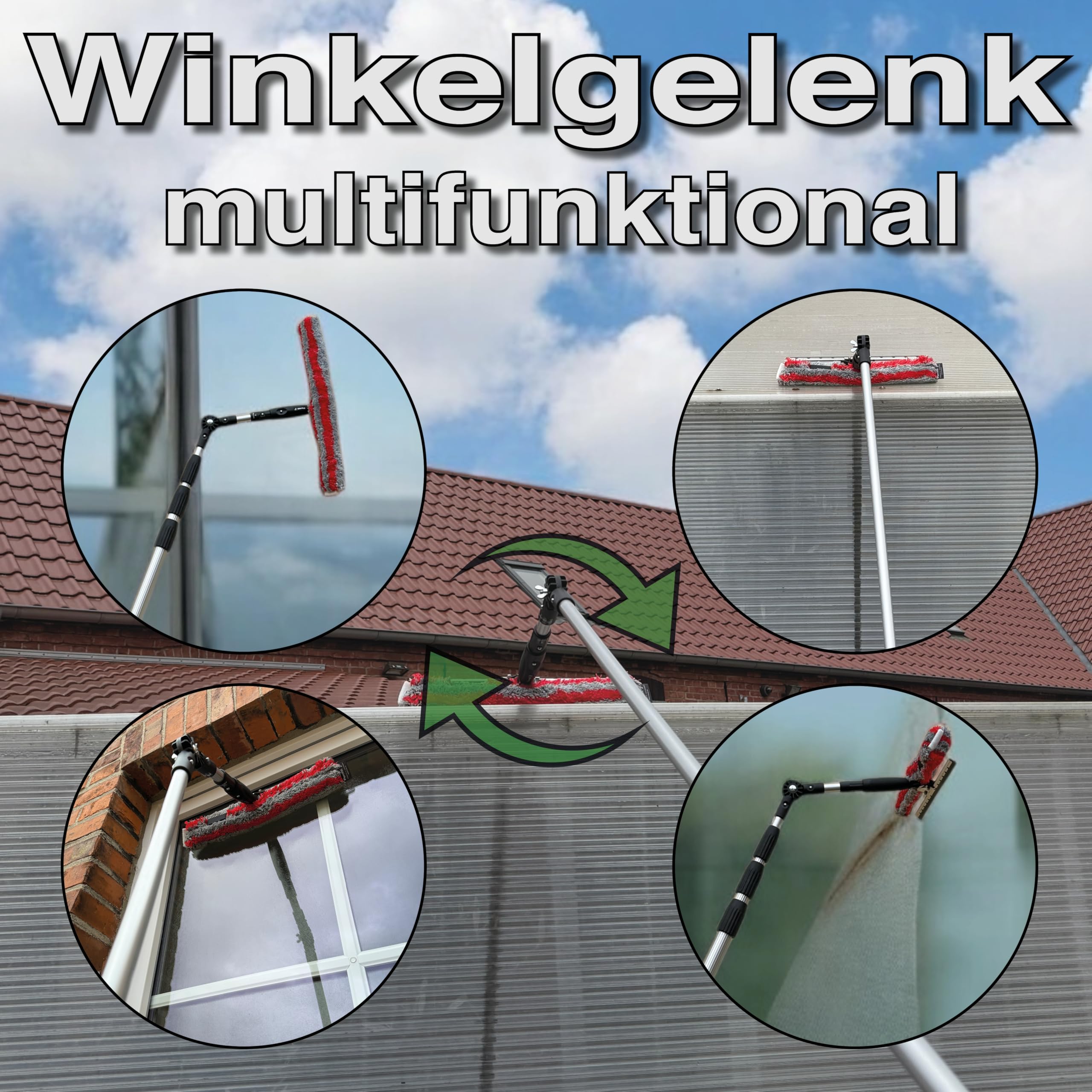FenWi 6m Teleskop Fensterputzer Profi Set mit Abzieher und Wischer 45/50cm | 45cm Gummilippe, Kombi Fensterwischer, Gelenk Alu Teleskopstange 600 cm, für Wintergarten, breite Fenster und Solar Reinigung
