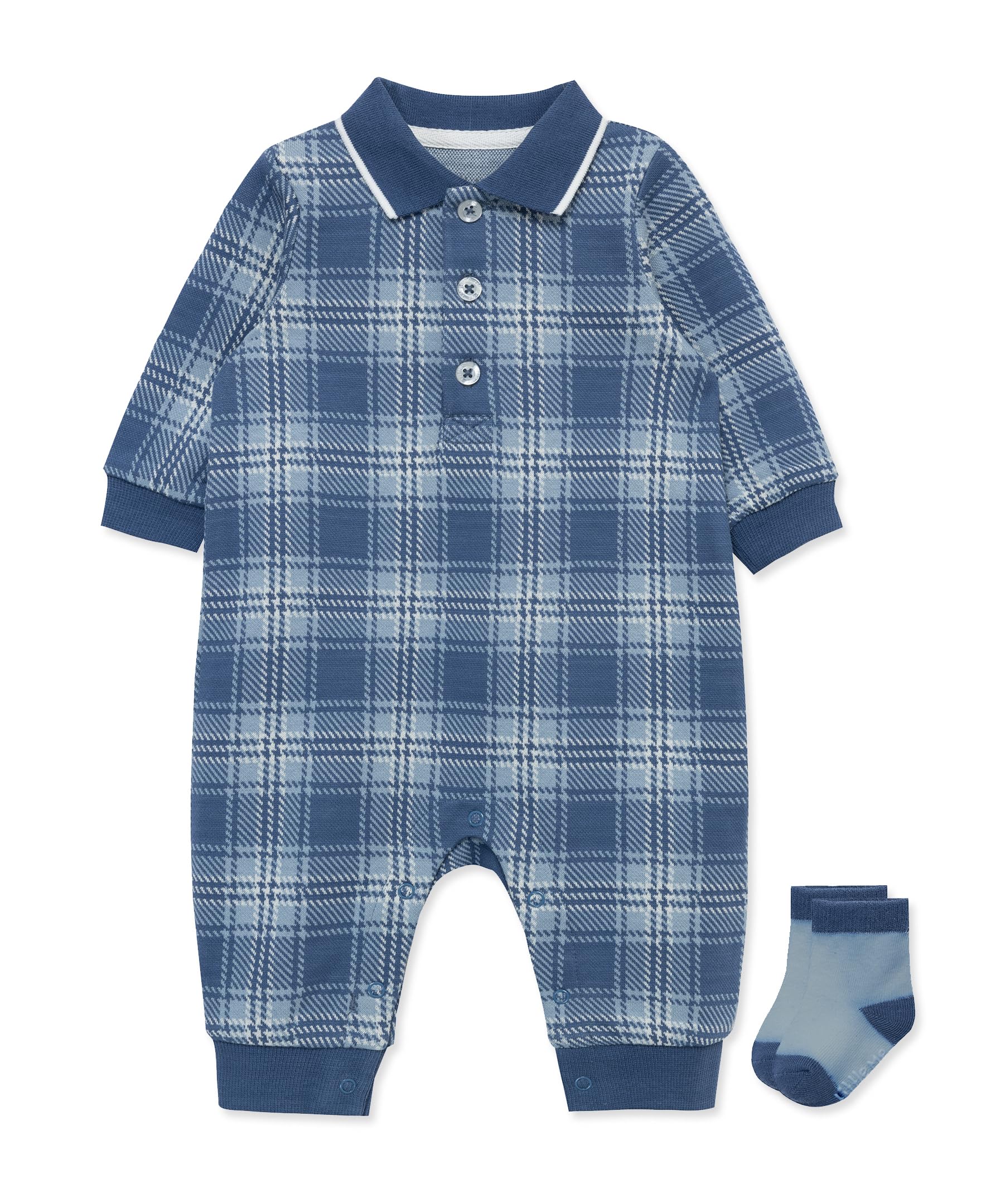 Little Me Clothes for Baby Boys' Plaid Coverall and Socks Set, Moonlight Blue, 6 Months