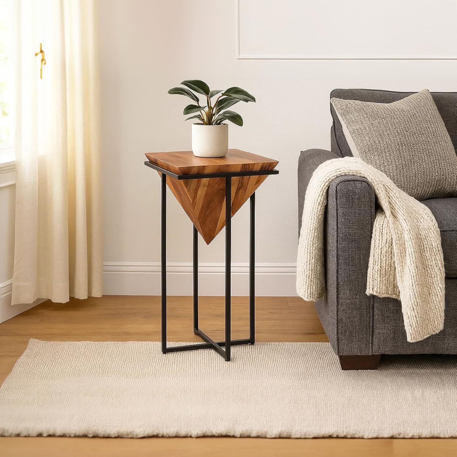The Urban Port 30-Inch Pyramid Shape Wooden Side Table with Cross Metal Base, Brown and Black