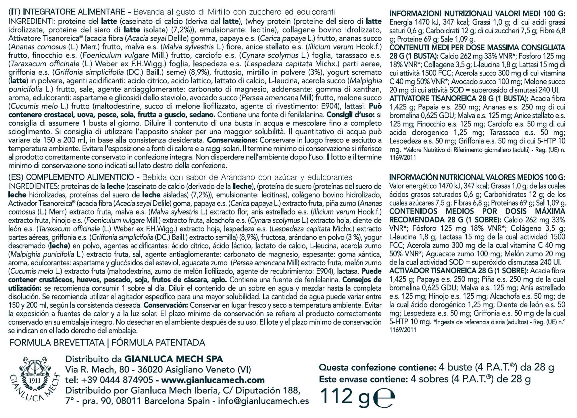 Gianluca Mech | Tisanoreica Bevanda Proteica al Gusto di Mirtillo, 4 x 28g Integratore Alimentare Keto, Supporto Muscolare, 347kcal per 100g