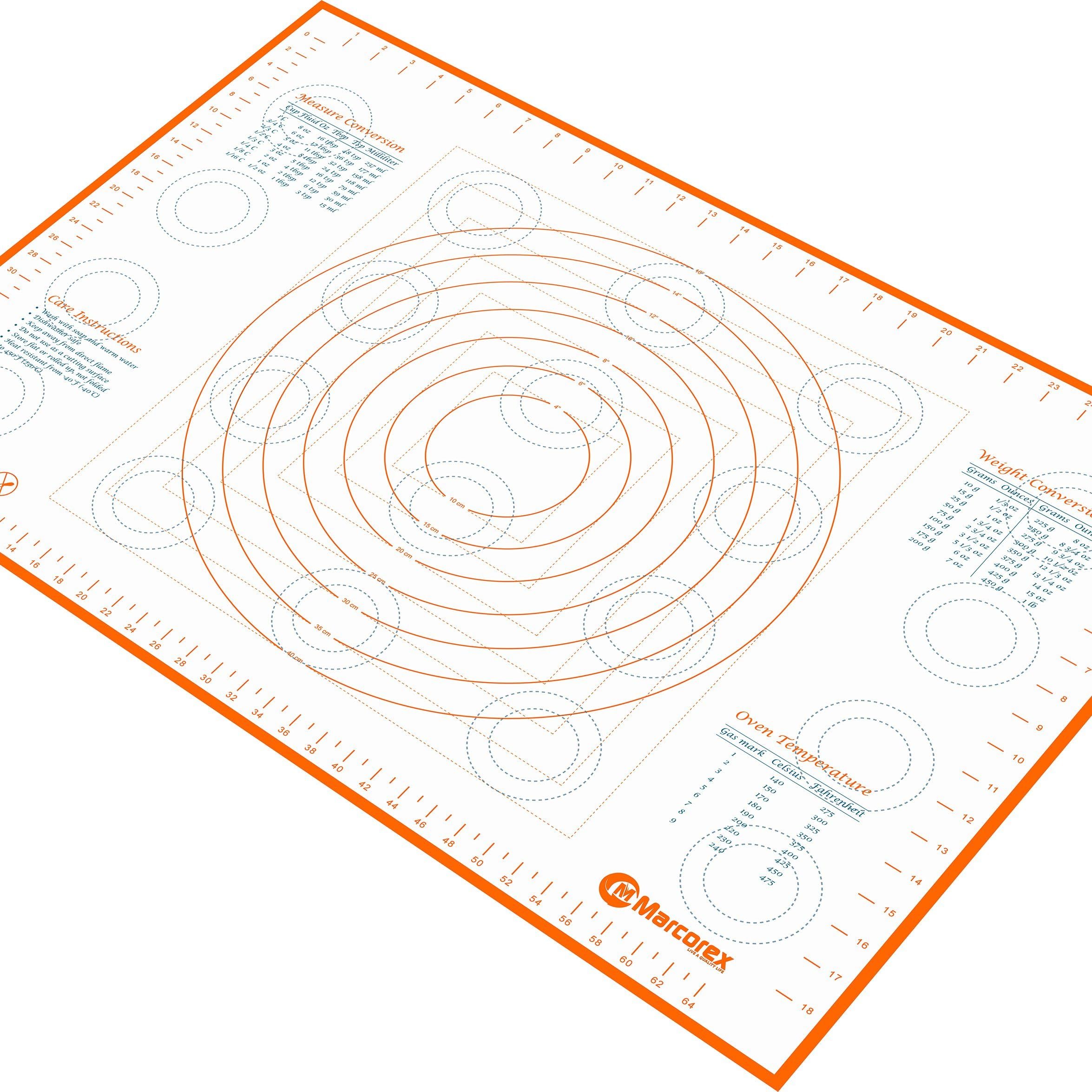 Marcorex Pastry Mat Extra Large with Measurements and Conversion Charts, Non-Stick Non-Slip, Extra-Large Silicone Fondant Mat, Cookie Rolling Dough Mat (Orange)