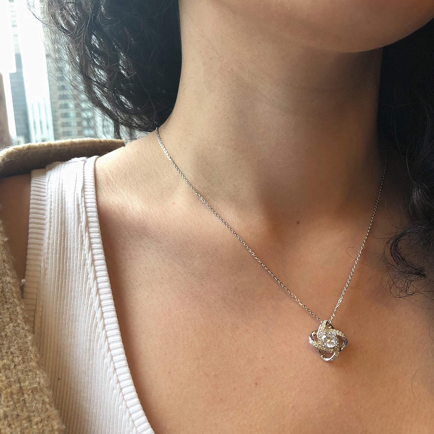 FANCIME White Gold Plated 925 Sterling Silver CZ Cubic Zirconia Knot Flower Infinity Fashion Pendant Necklace Earrings Jewelery For Women, 16" + 2" Extender - Image 5