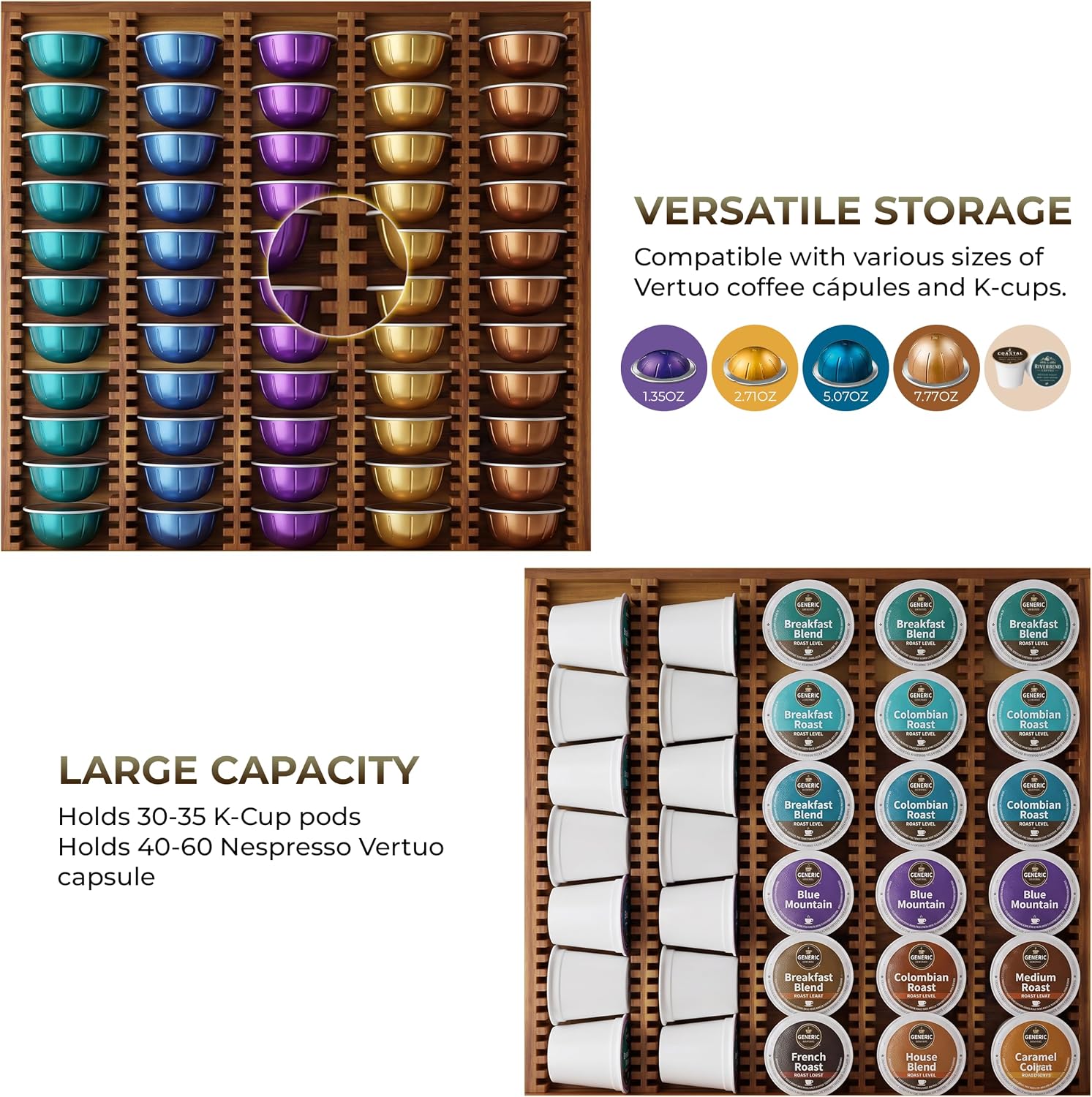 INSAGO Acacia Wood Nespresso Pod Holder Drawer for 40Large or 64 Small Pods