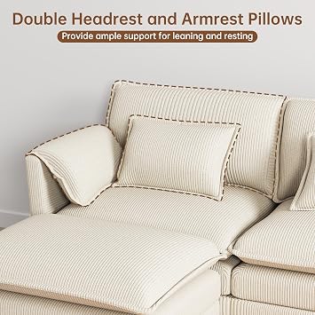 111 L-Shaped Cloud Couch,Modular Sectional Conner Sofa with Ottoman & 3 Pillows,3-Seater Corduroy Deep Seat Sofa for Living Room, Apartment, Off-White | Beige Modular Sofa