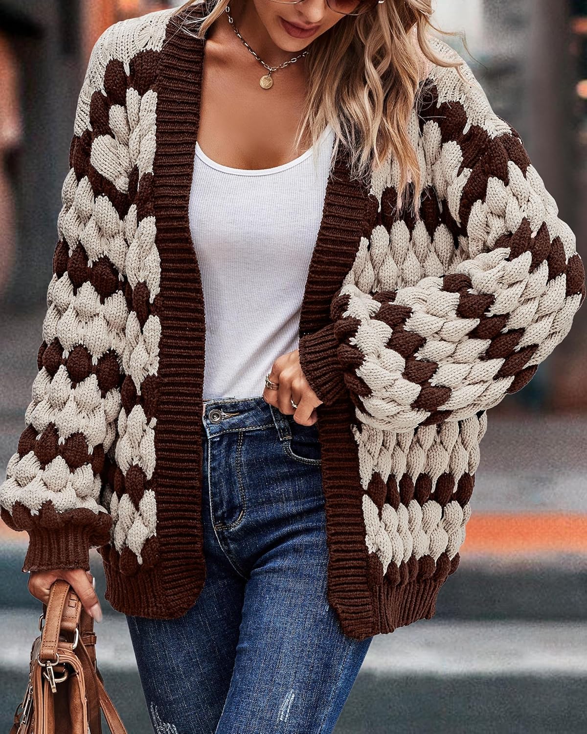 KIRUNDO Womens Cardigan Chunky Fall Fashion Lantern Sleeve Open Front Striped Color Block Cable Knit Winter Sweater Coats - Image 4