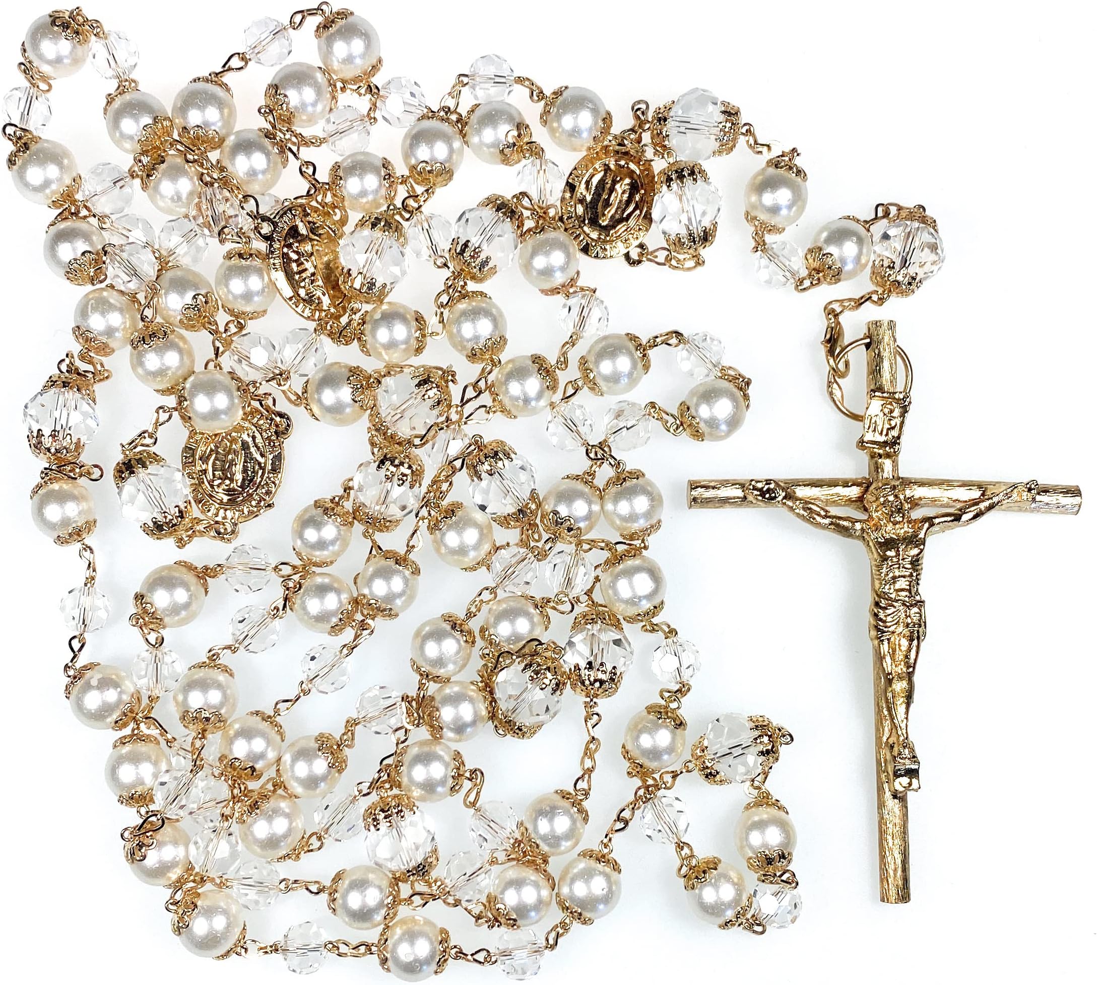Wedding Lasso with Crystals and Pearls - Lazo de Boda - Oversized Rosary with Crucifix for Wedding Ceremony - Traditional Wedding Unity Cord - Wedding Gift (Gold)