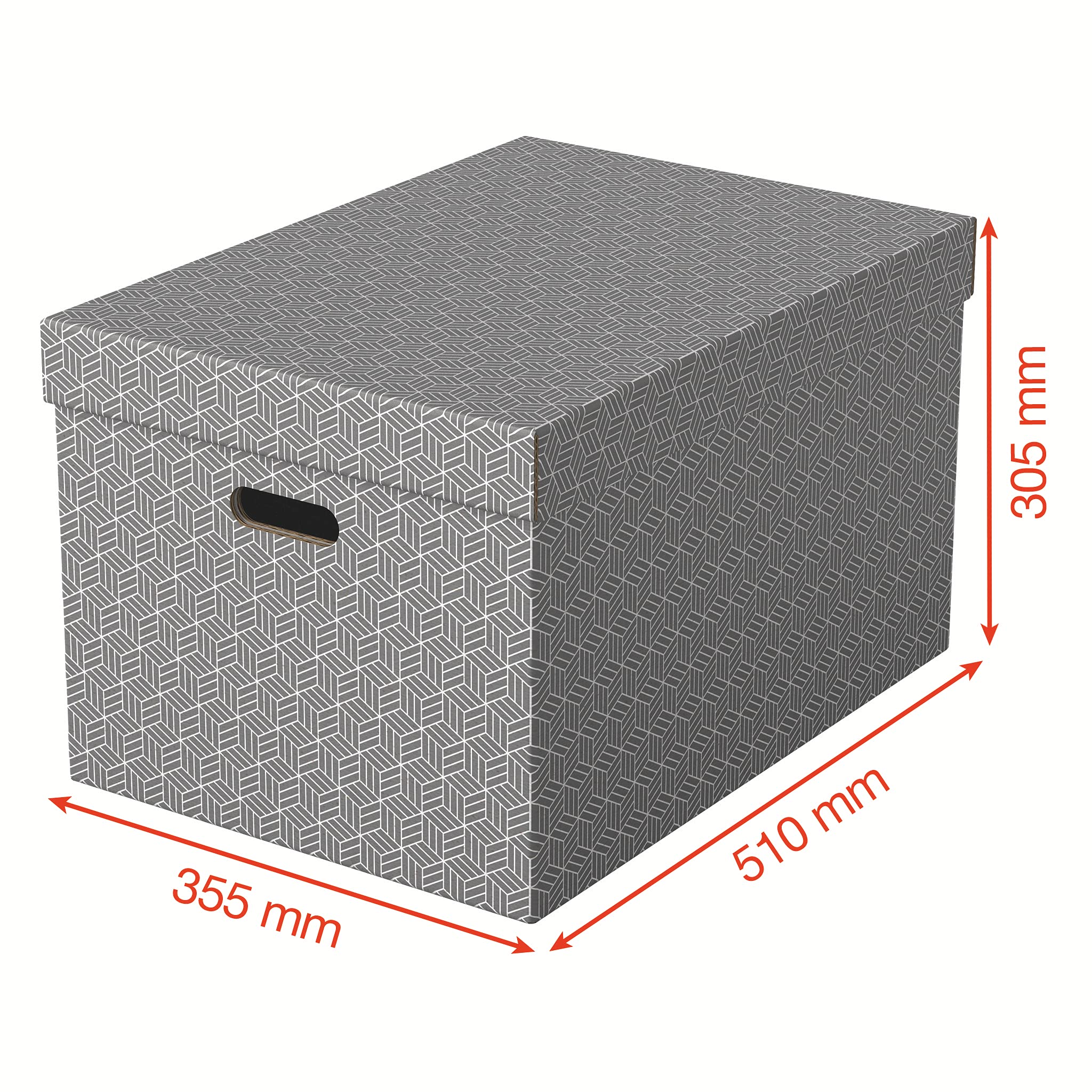 Esselte, Duże Pudełko z Pokrywką do Przechowywania, do Domu/Biura, Karton z Surowców Wtórnych, Podlega w 100% Recyklingowi, Geometryczny Wzór, Kolor Szary, 3 Sztuki (628287)