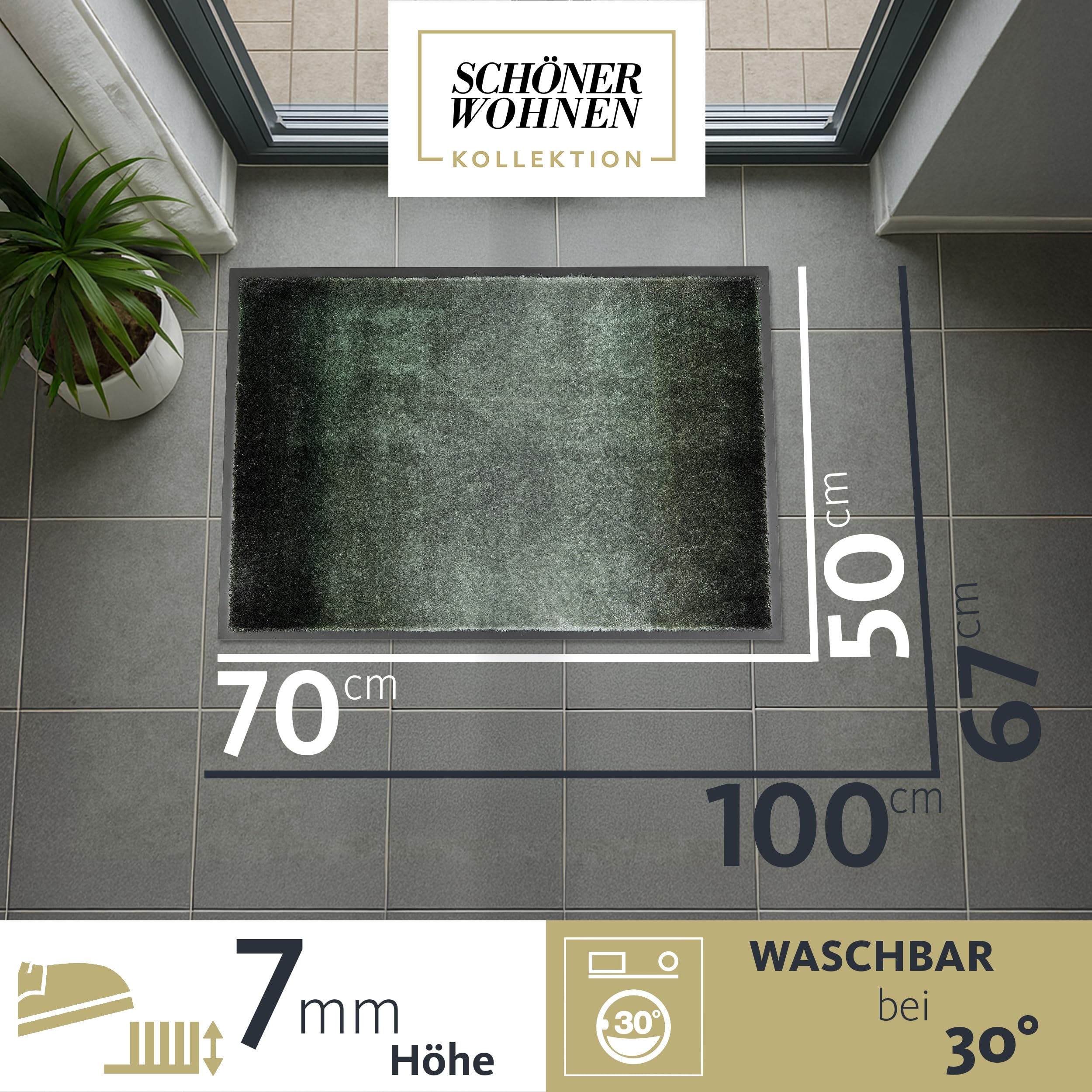 Schöner Wohnen Kollektion Wycieraczka wewnętrzna – wycieraczka zatrzymująca brud 50 x 70 cm przebieg w kolorze zielonej leśnej – antypoślizgowa mata do czyszczenia drzwi wejściowych – wycieraczka
