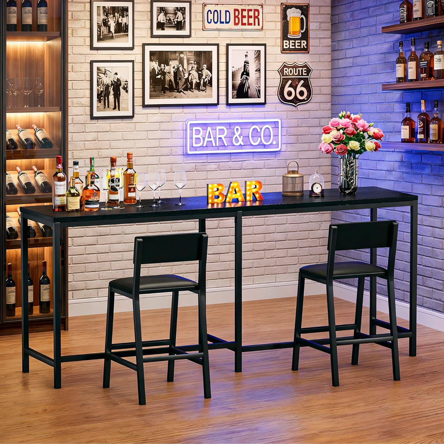 Bar Table and Chairs Set, 3 Piece Convertible L-Shaped Kitchen Table with 2 PU Leather Bar Stools, 63‘’ Counter Height Small Dining Table with Power Outlets, Space Saving, Breakfast Nook Corner, Black